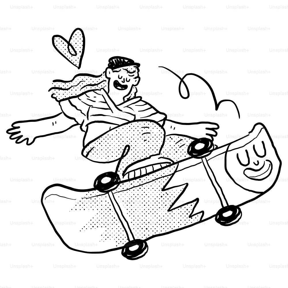 A drawing of a man riding a skateboard