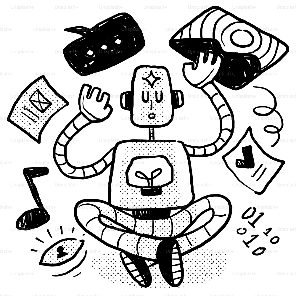 A black and white drawing of a person surrounded by objects