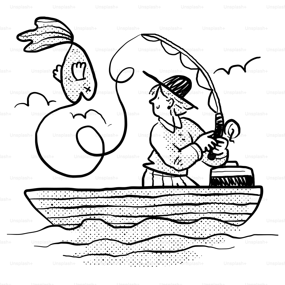 Eine Schwarz-Weiß-Zeichnung eines Mannes beim Angeln