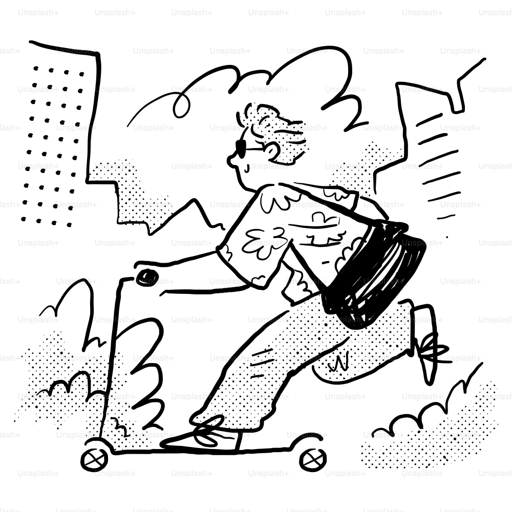 A black and white drawing of a man riding a skateboard