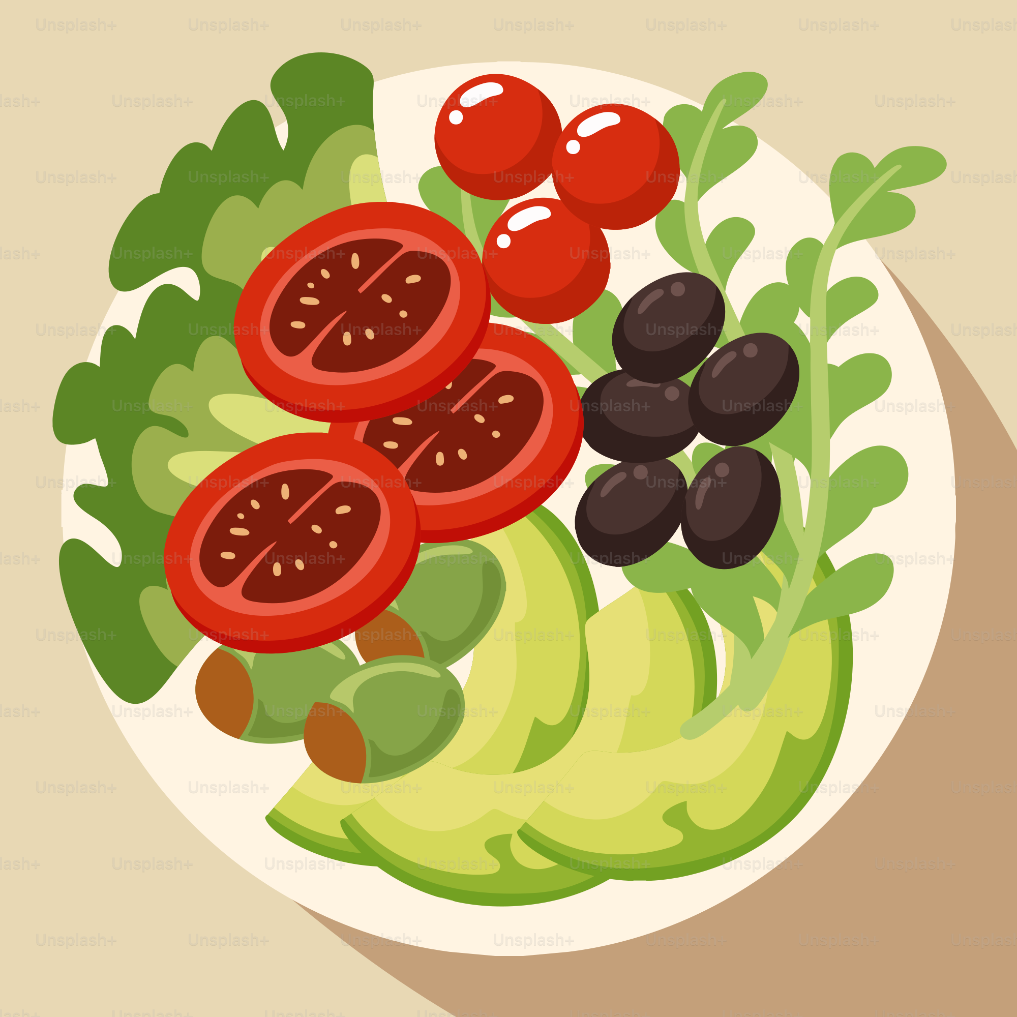 A plate of salad with tomatoes, lettuce and olives