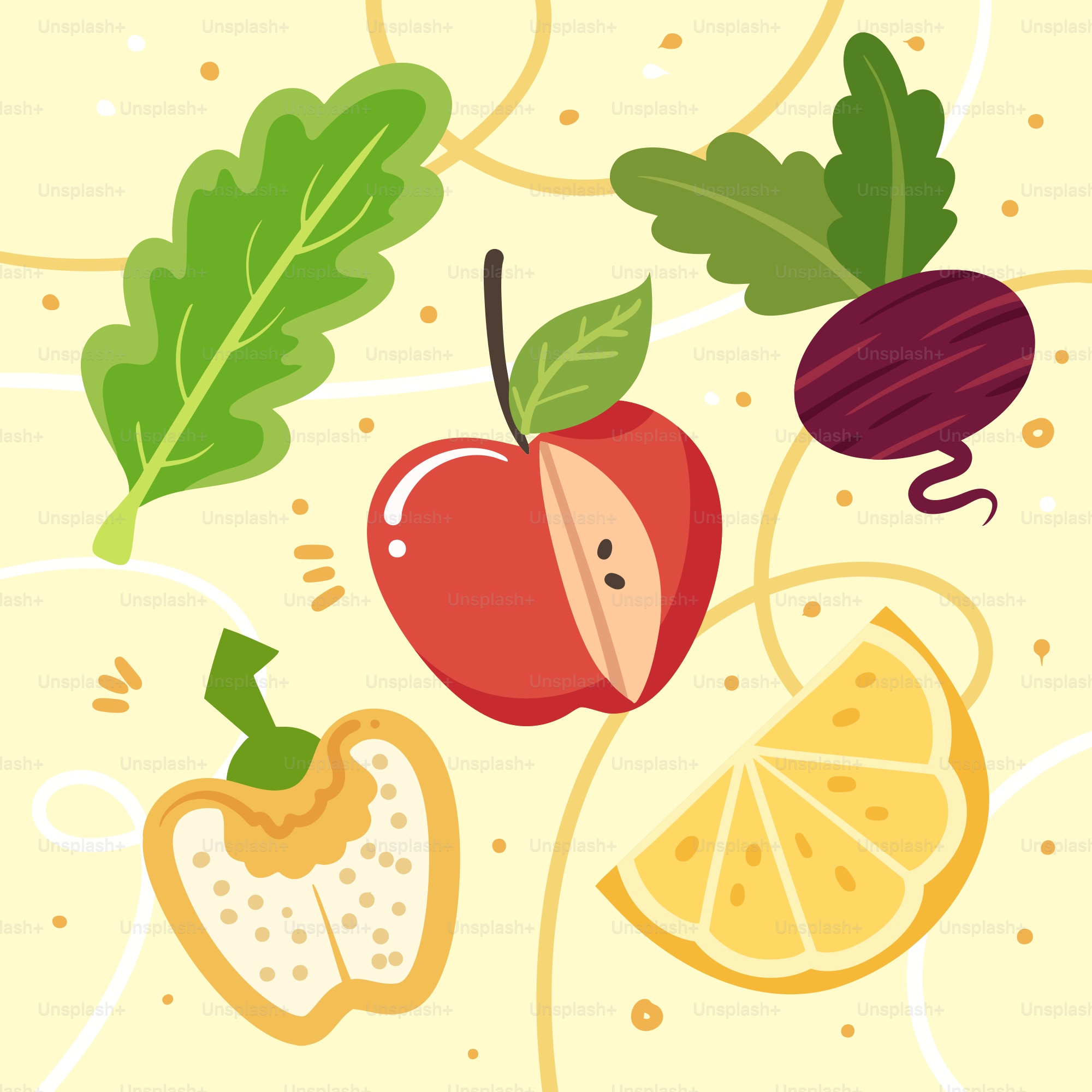 A bunch of fruits and vegetables on a yellow background