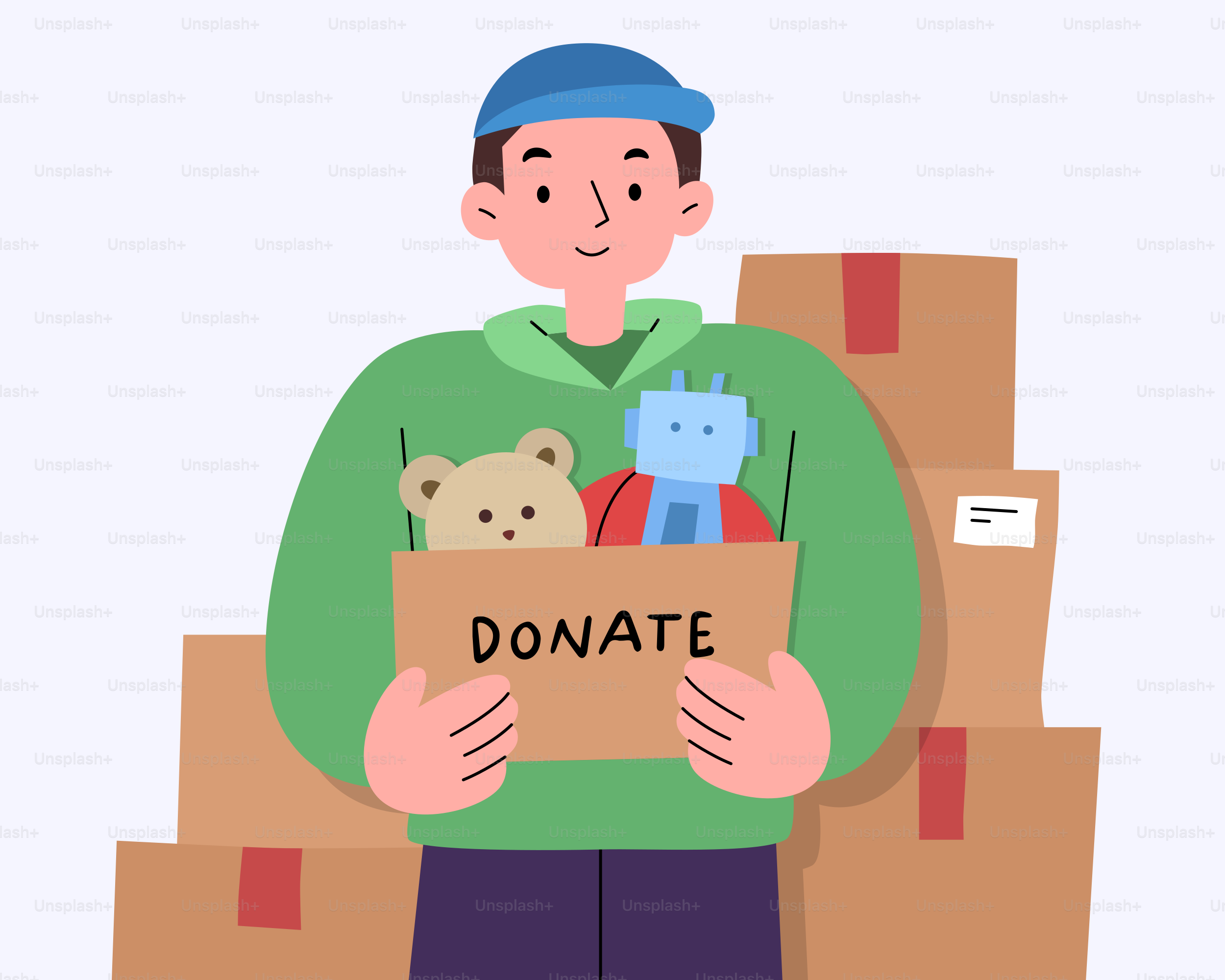 テディベアの入った段ボール箱を持つ男