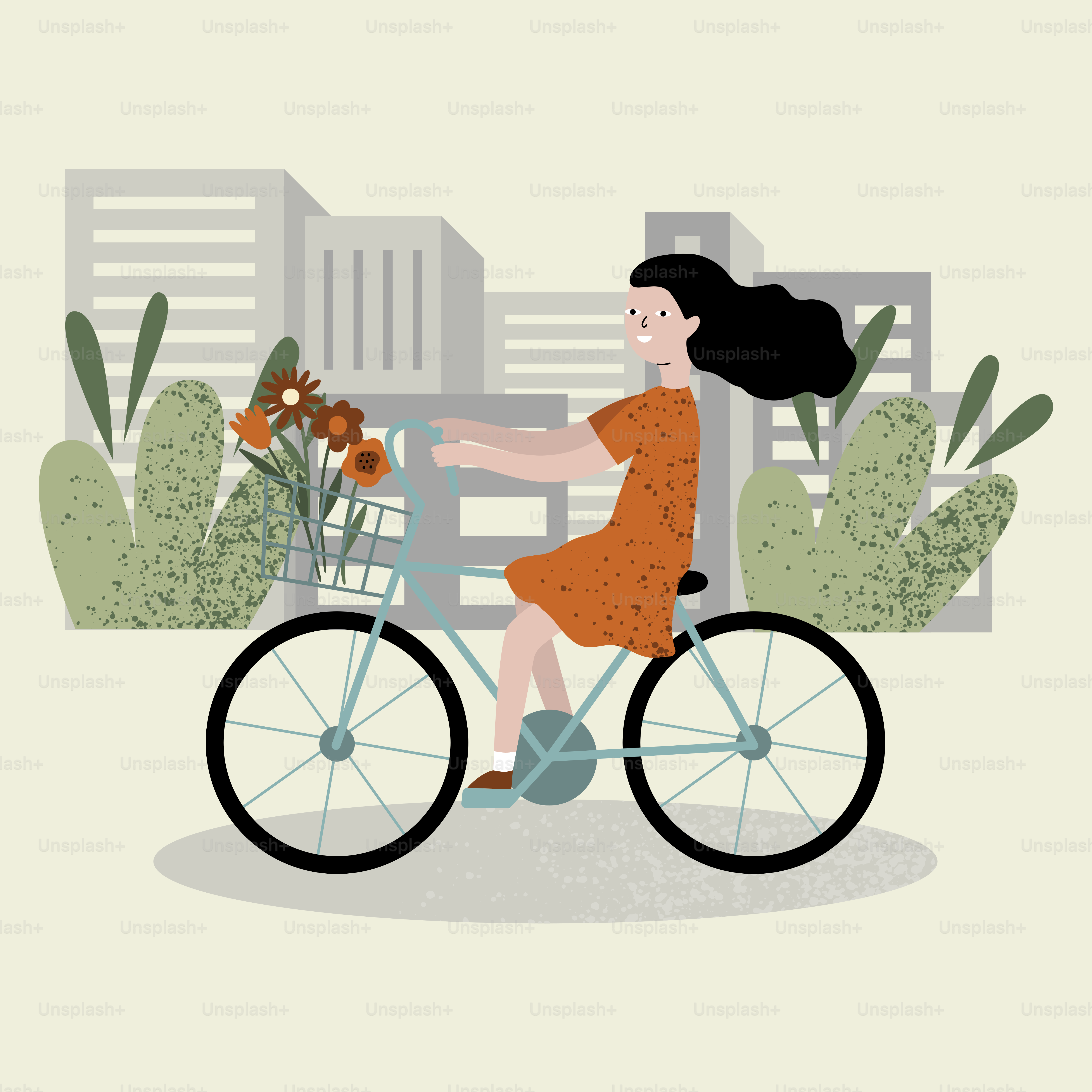 A woman riding a bike with flowers in the basket