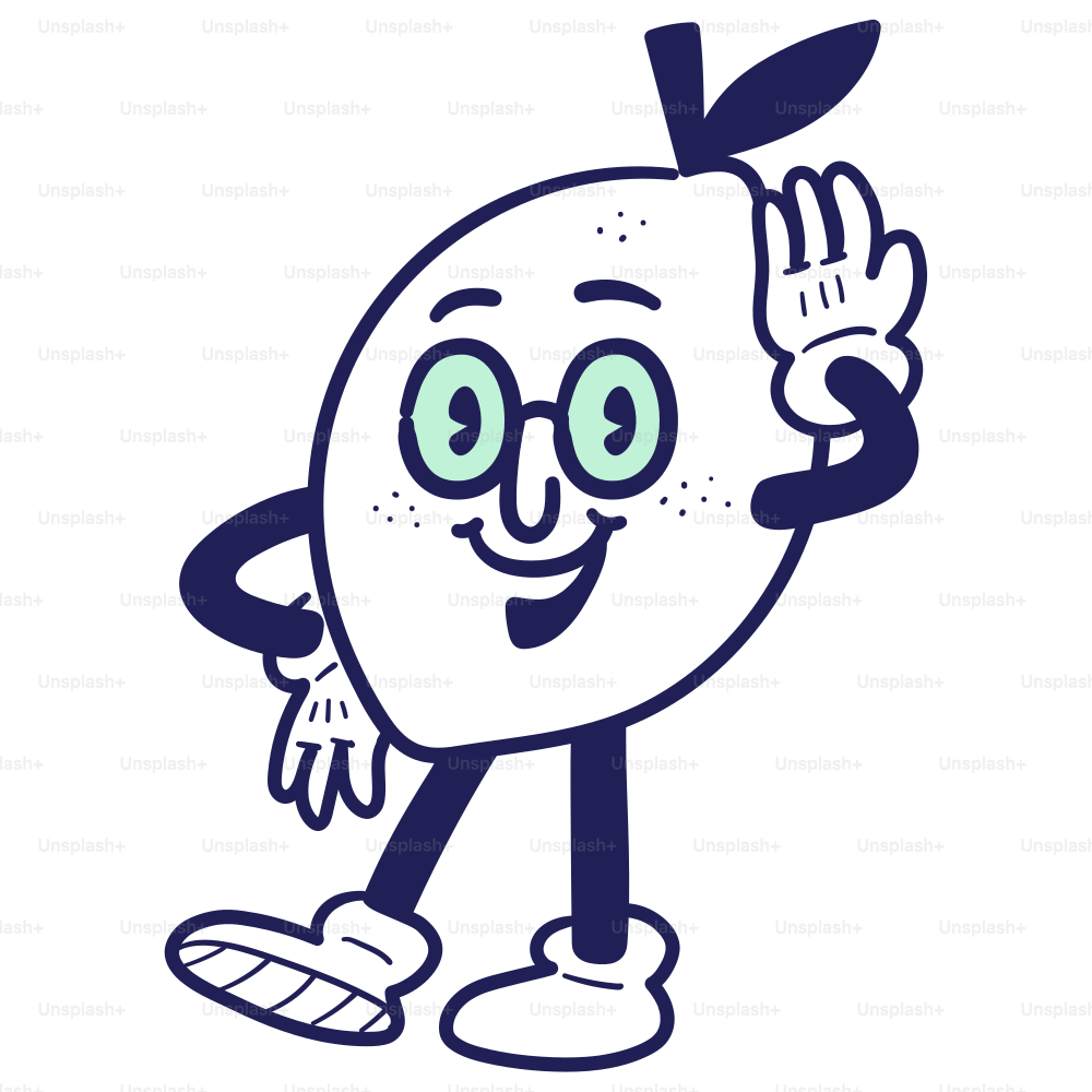 A drawing of an apple with a waving hand