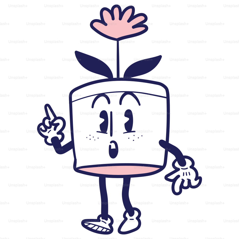 A cartoon potted plant with a flower on it's head