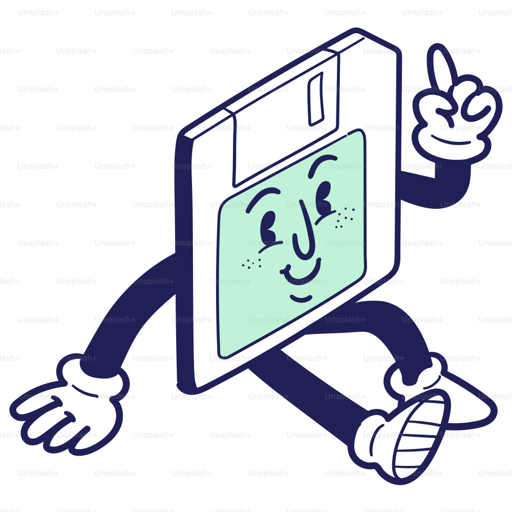 Eine Cartoon-Diskettenfigur, die ein Peace-Zeichen hochhält