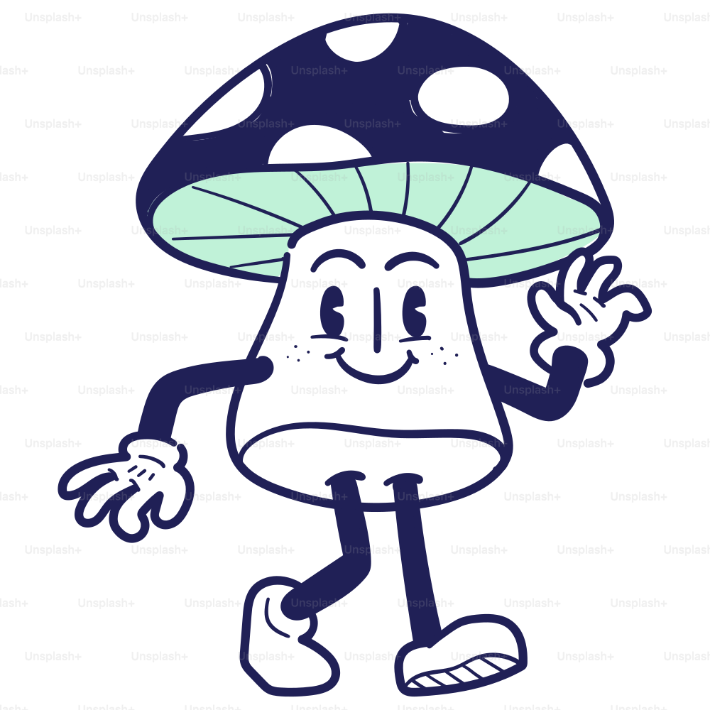 A cartoon mushroom with a big smile on it's face