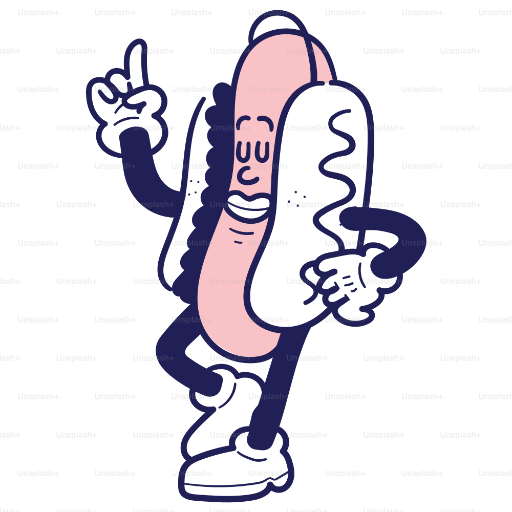 Ein Cartoon-Hotdog, der ein Peace-Zeichen hält