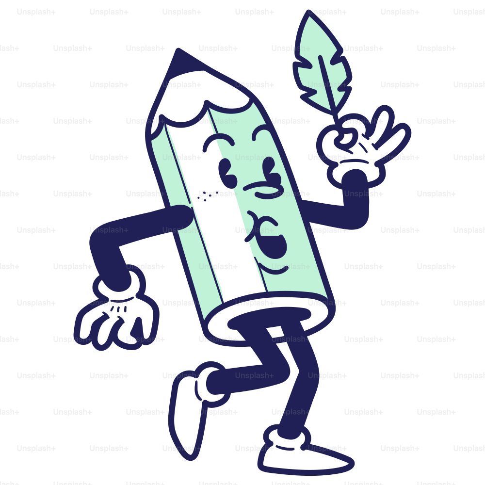 A cartoon pencil running with a leaf in his hand