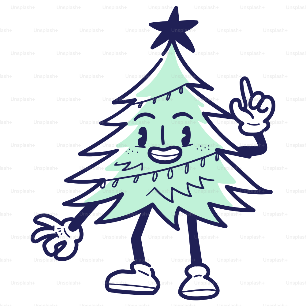 A cartoon christmas tree holding a peace sign