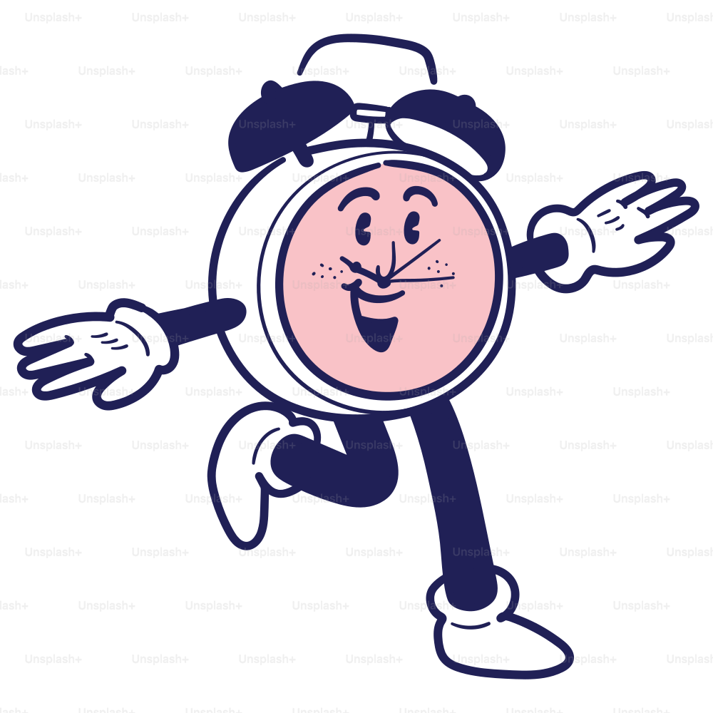 A cartoon clock with arms and legs in the air