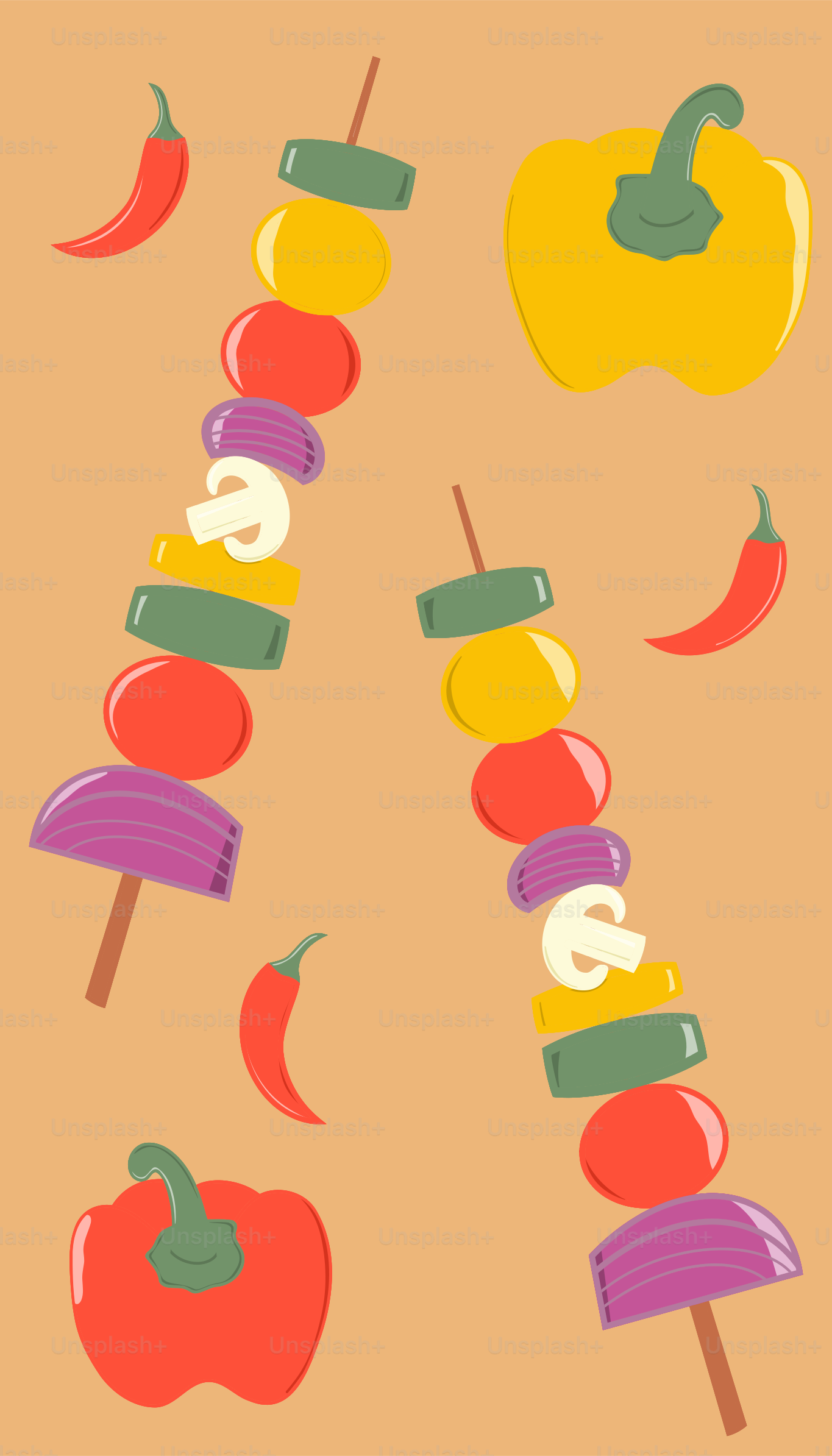 Varias frutas y verduras diferentes en un palo