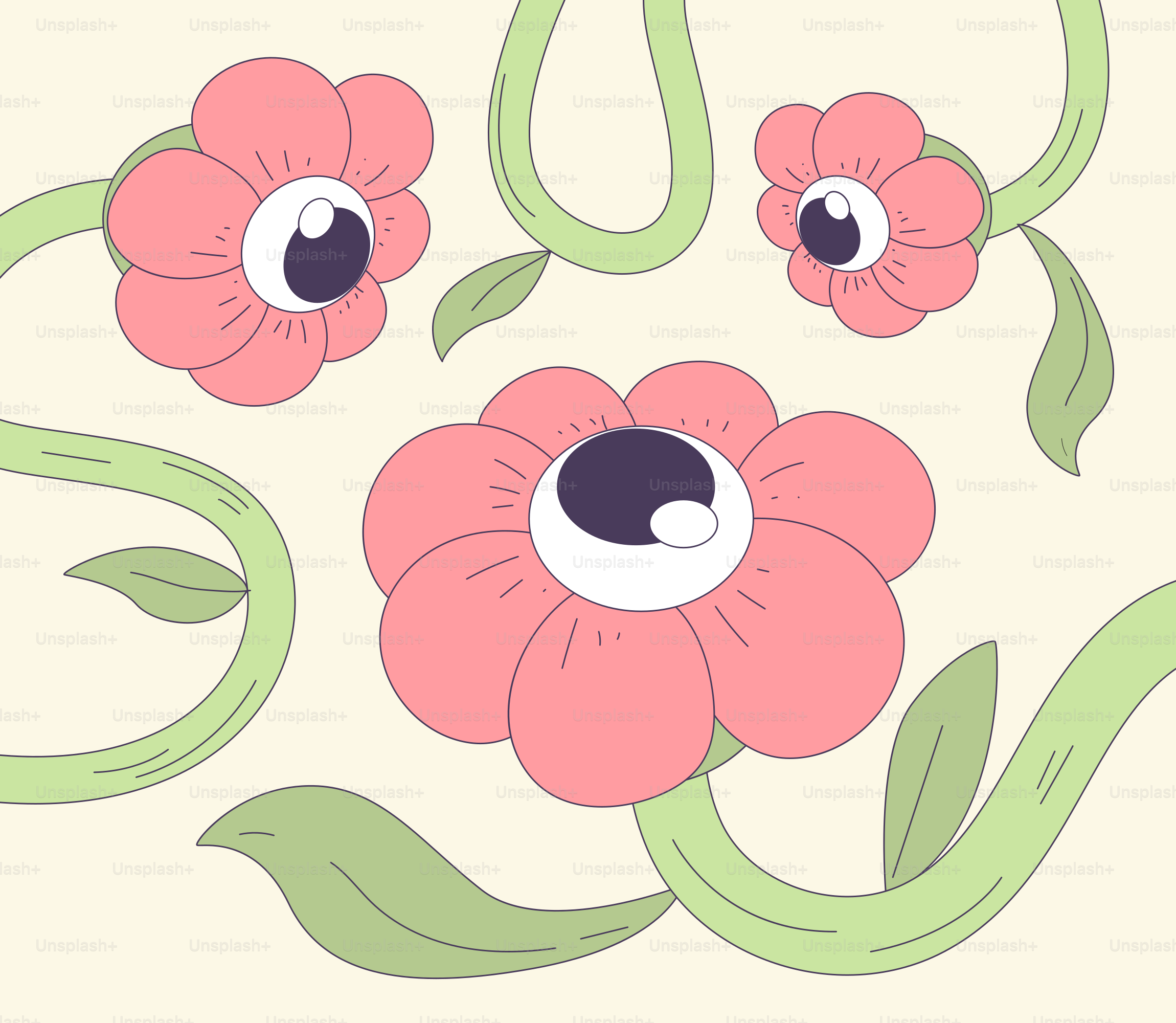 A pink flower with green leaves and eyes