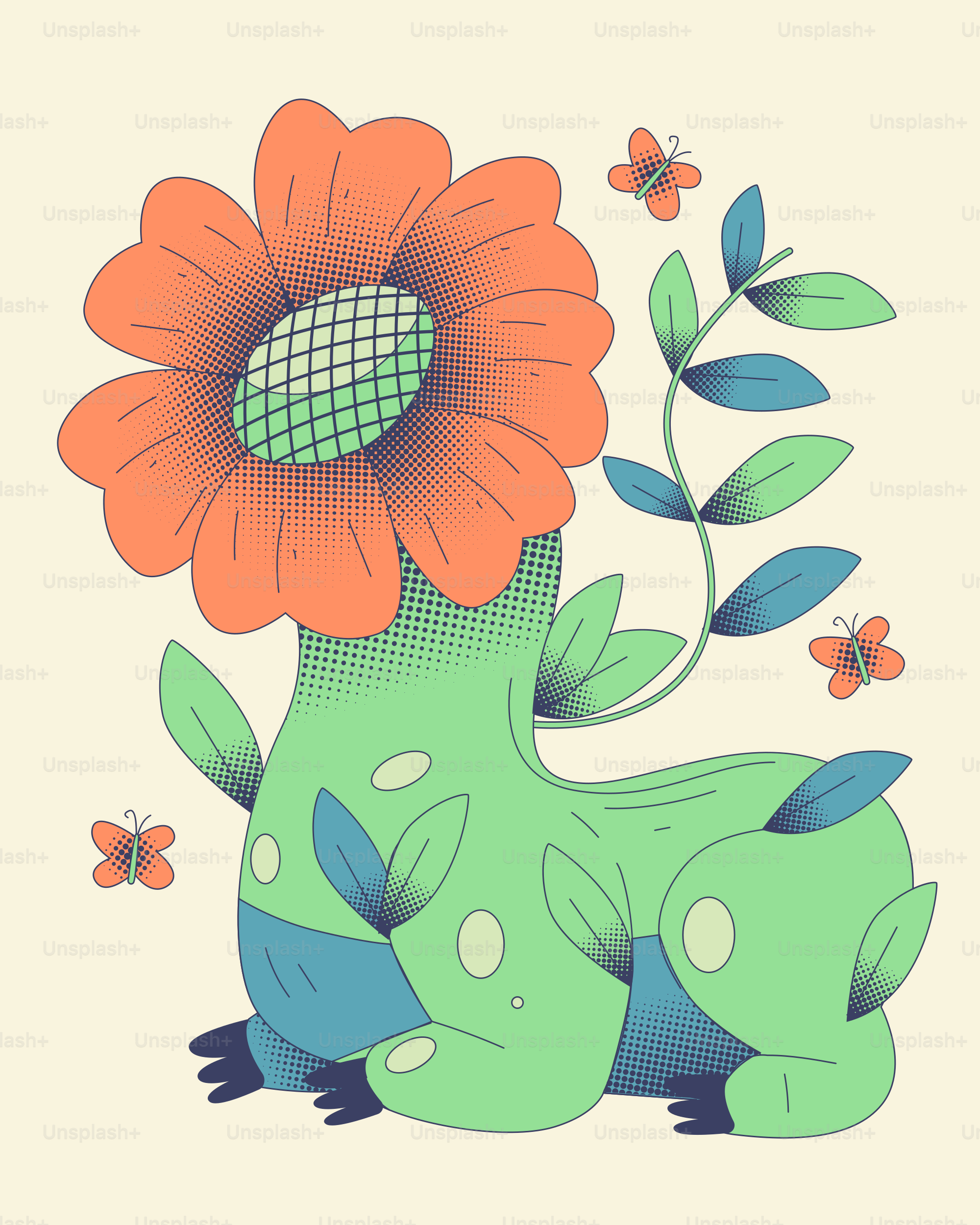 A green dinosaur with a flower on its back