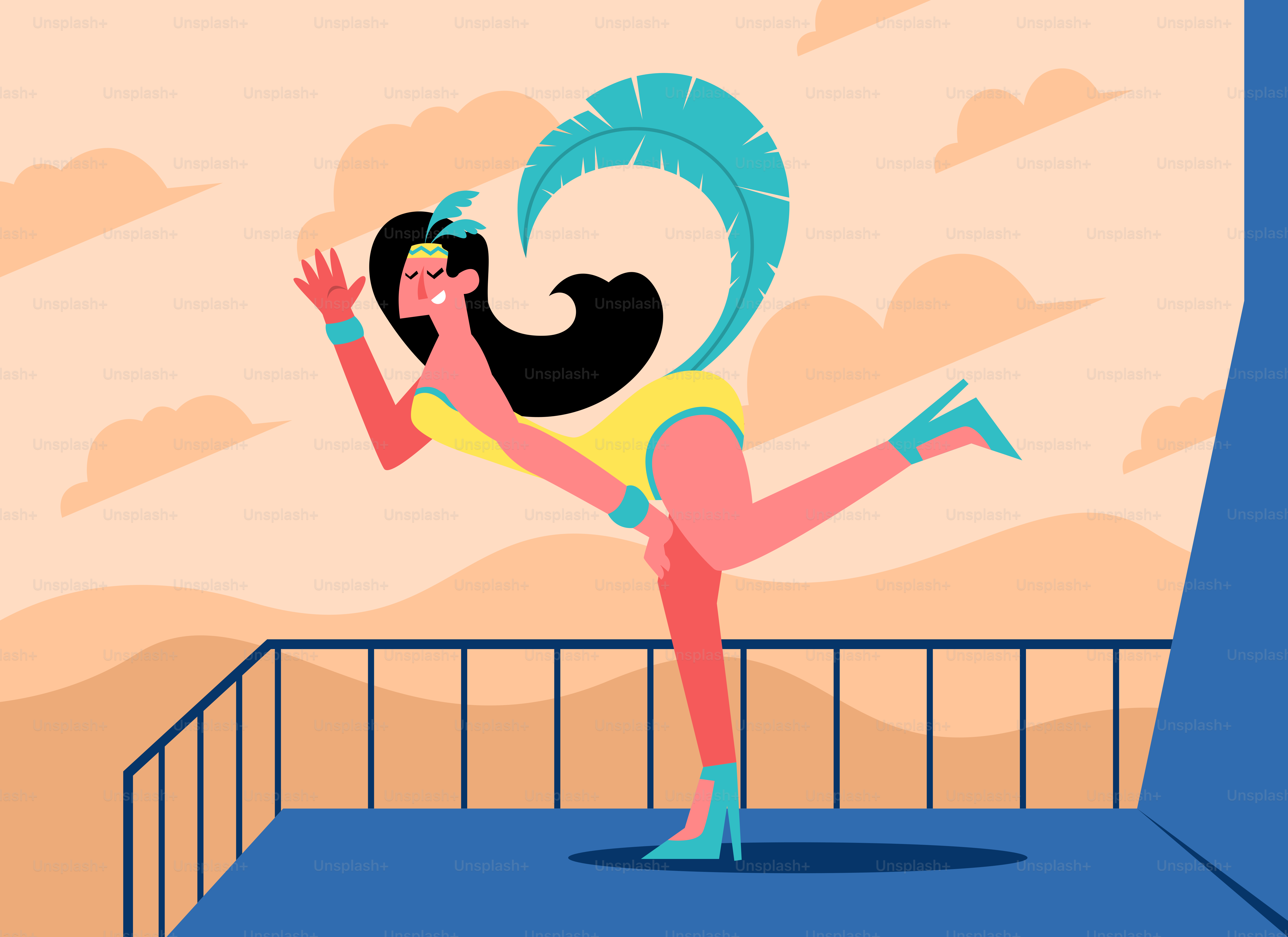 Una mujer baila en un escenario con un fondo de cielo