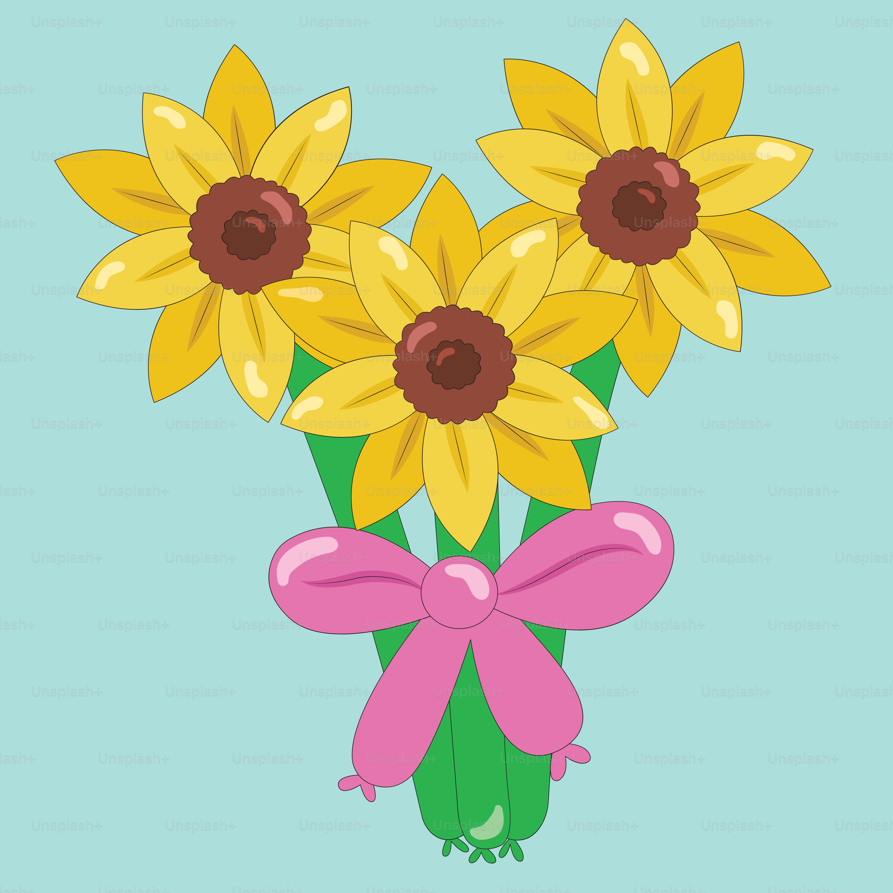 A bouquet of sunflowers with a pink bow on a blue background