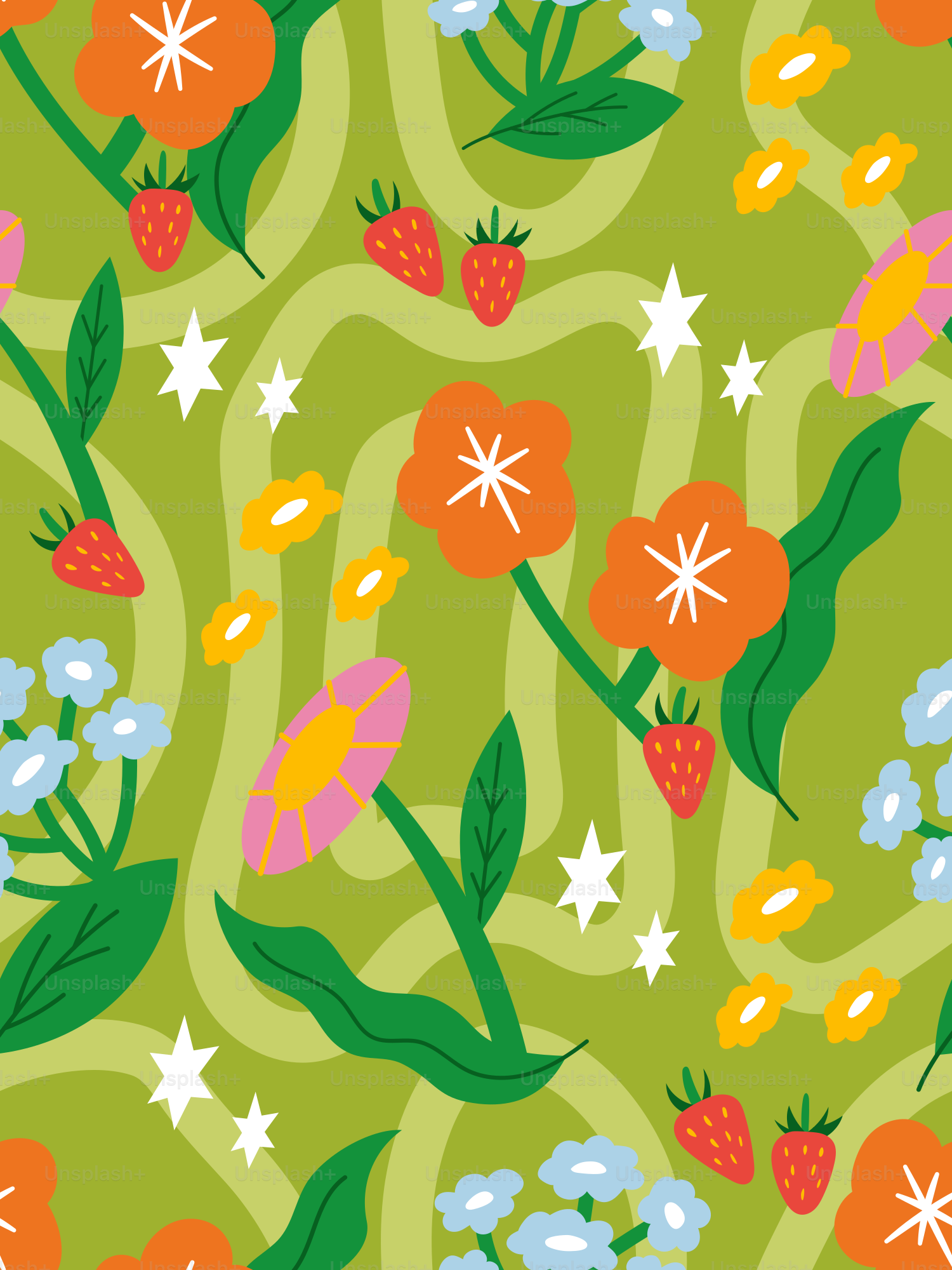 A pattern with flowers and stars on a green background