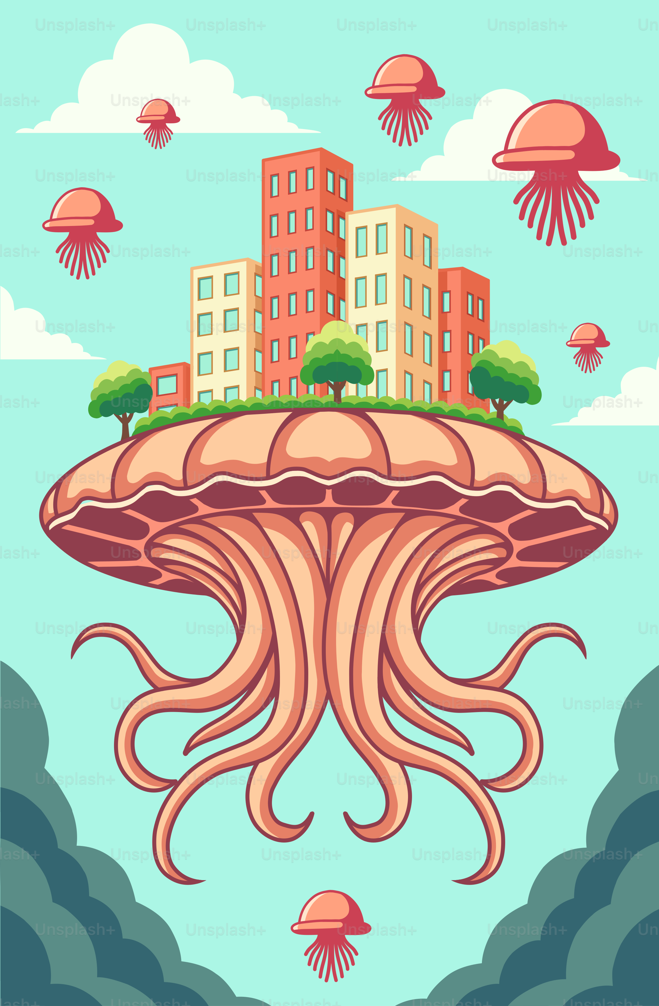 An octopus floating in the ocean with a city in the background