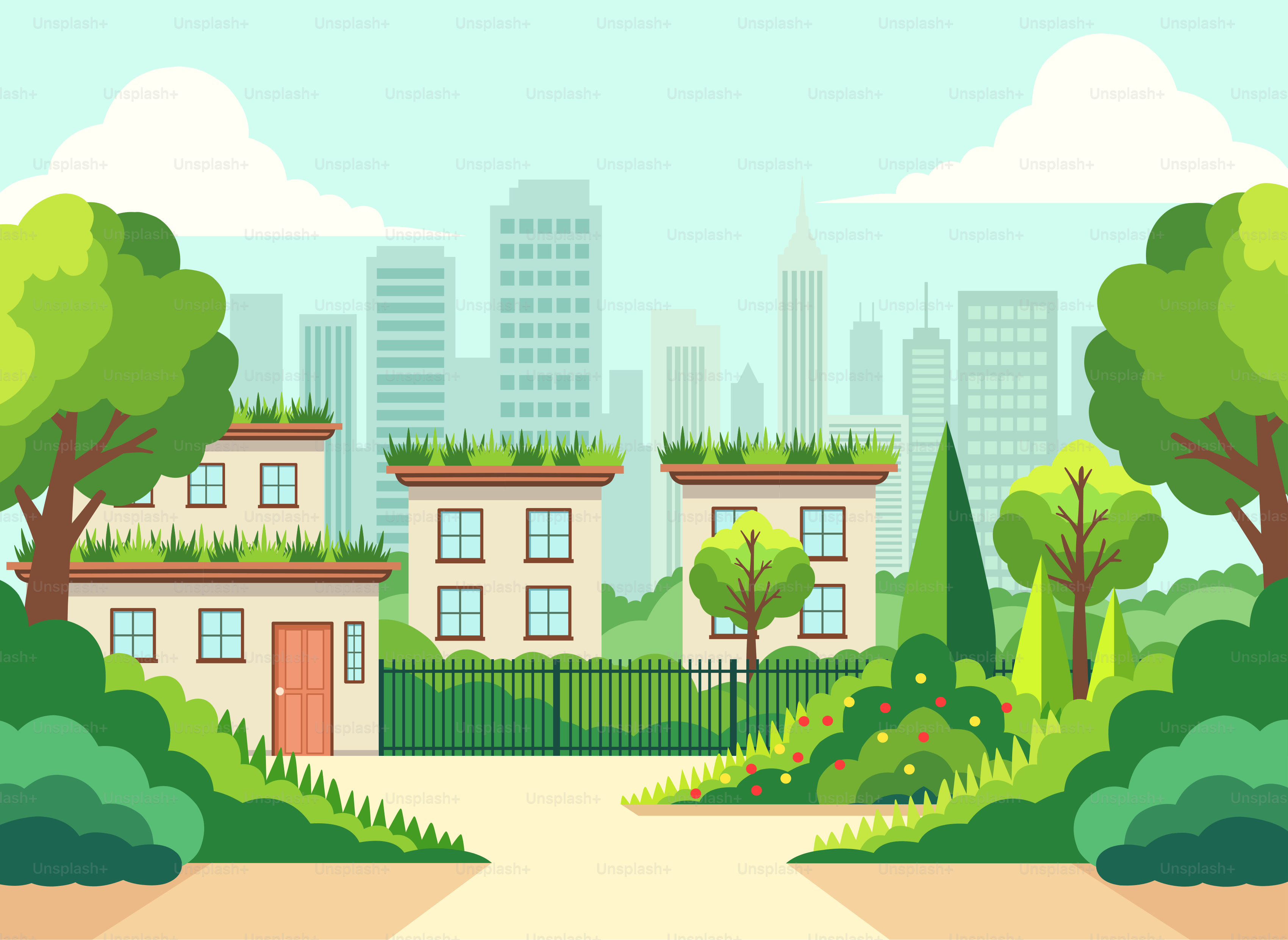 A road with trees and buildings in the background