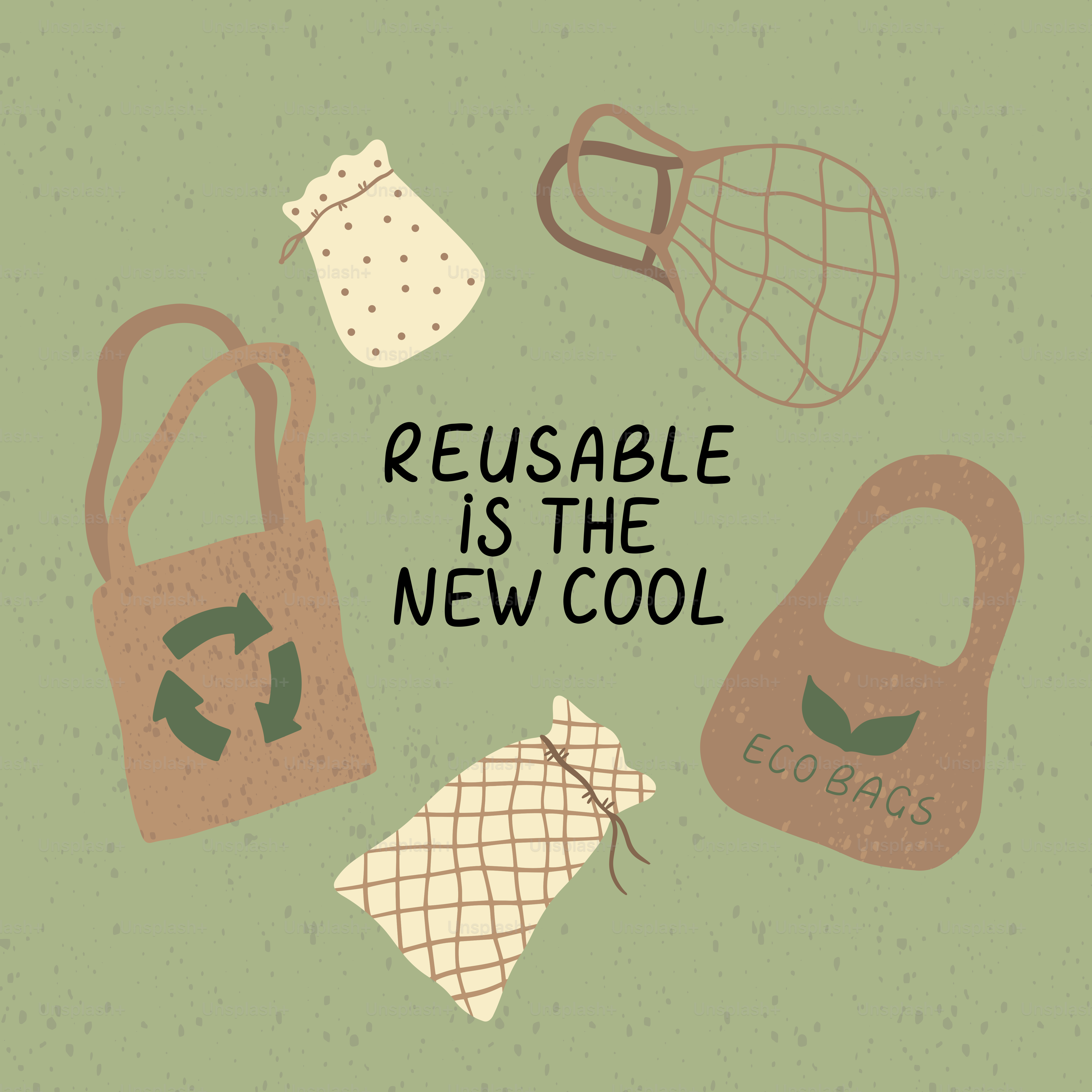 A green background with a bunch of different bags