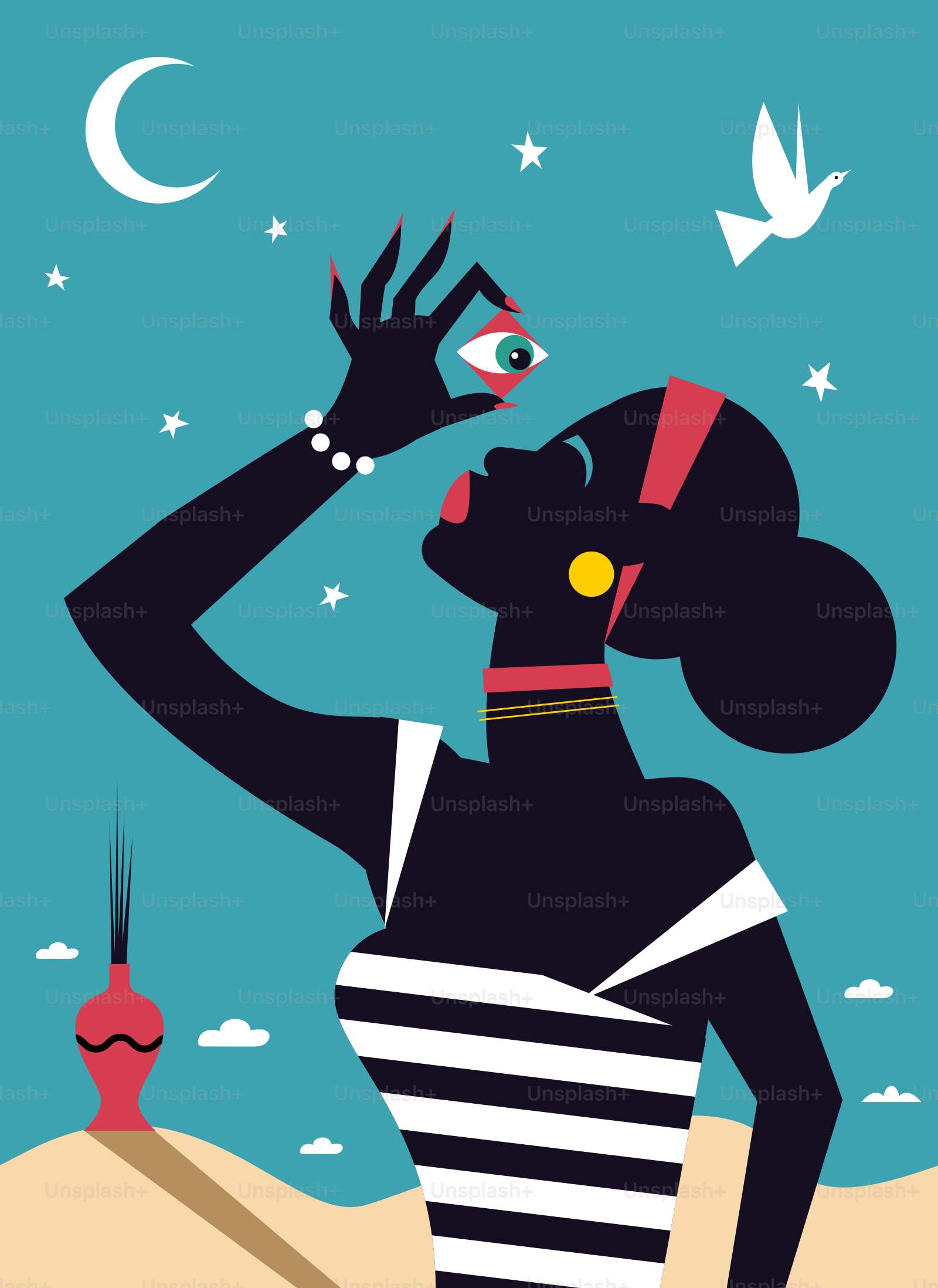 Uma mulher com um vestido listrado preto e branco olhando através de uma lupa