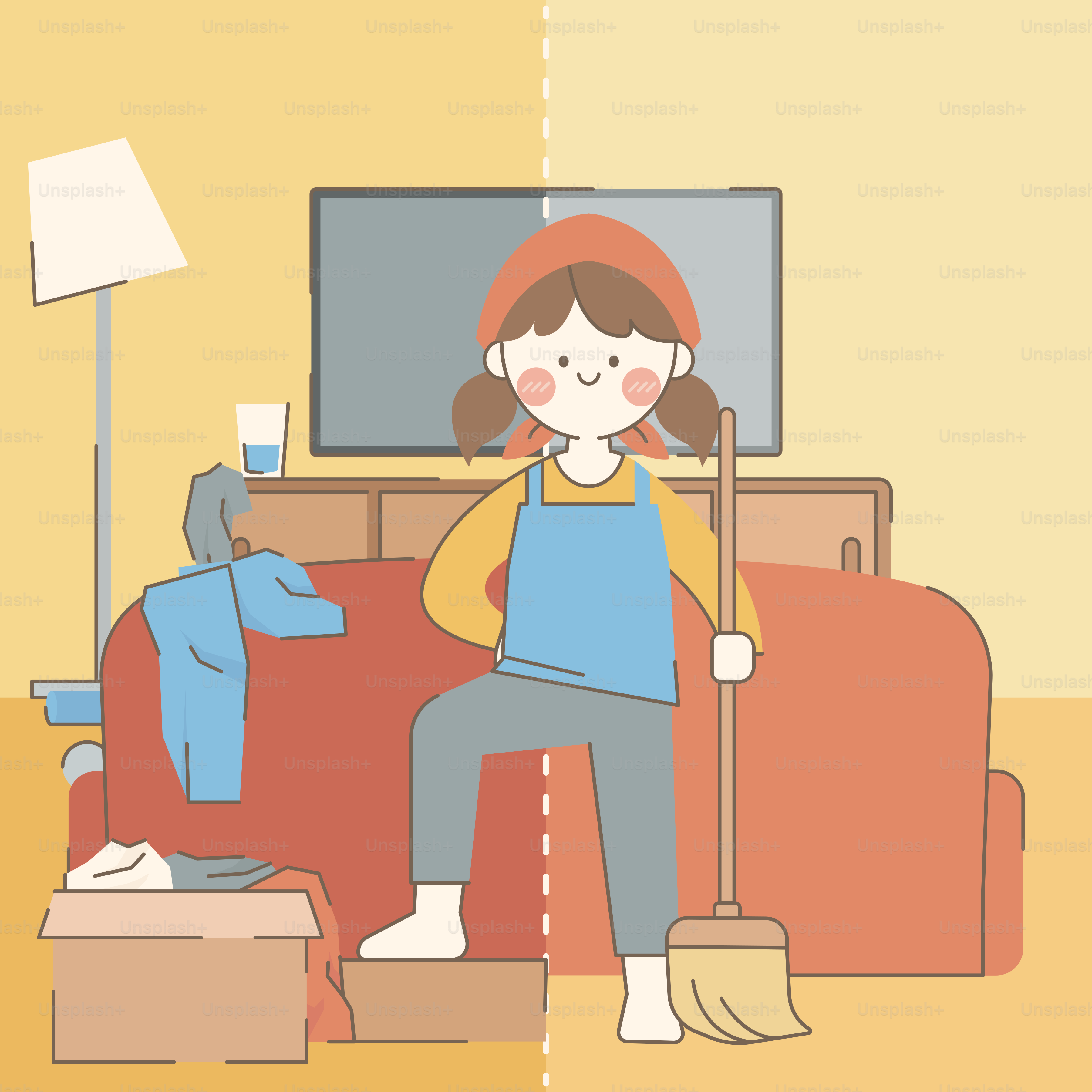 A woman cleaning a living room with a broom