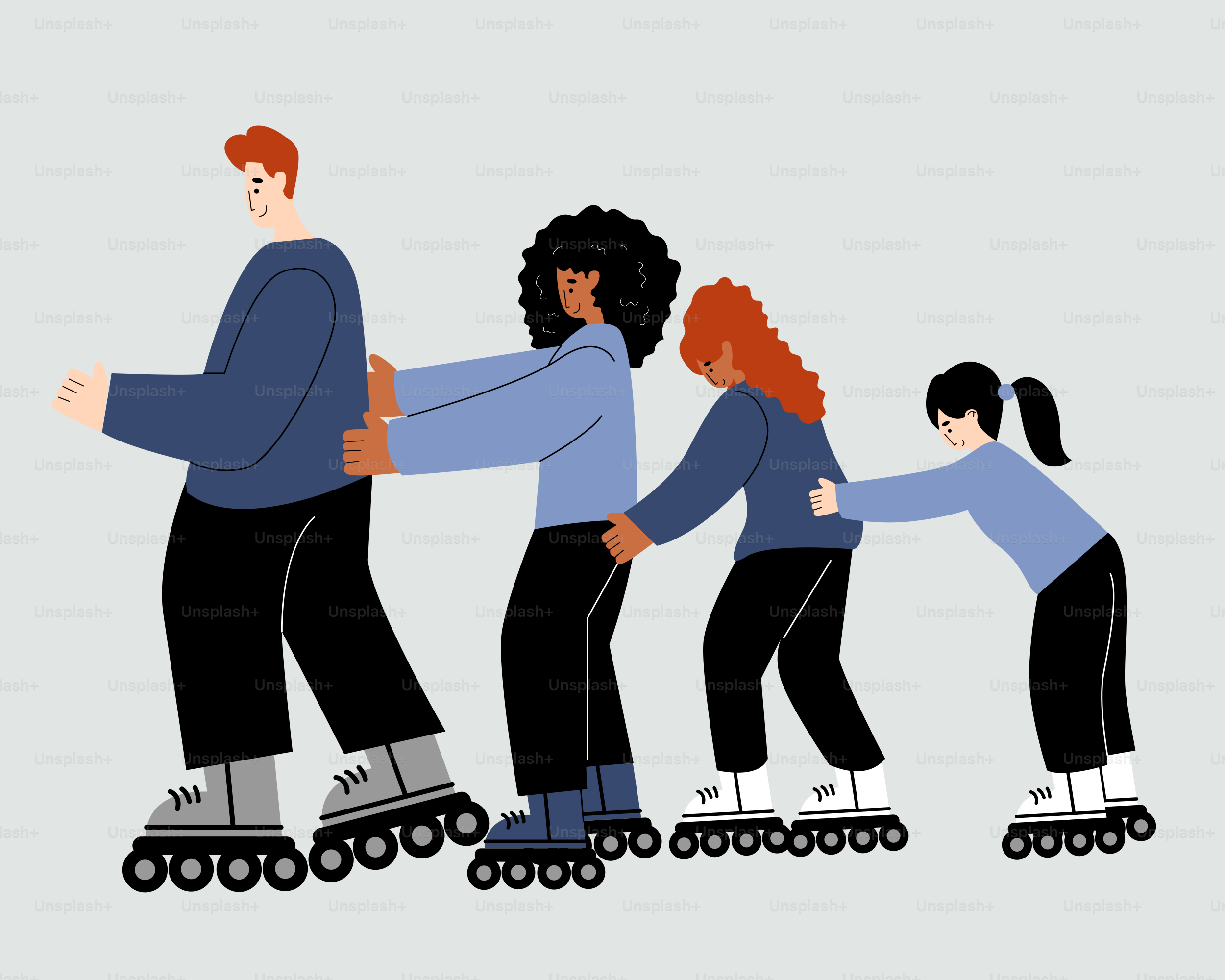 A group of people riding roller skates on a gray background