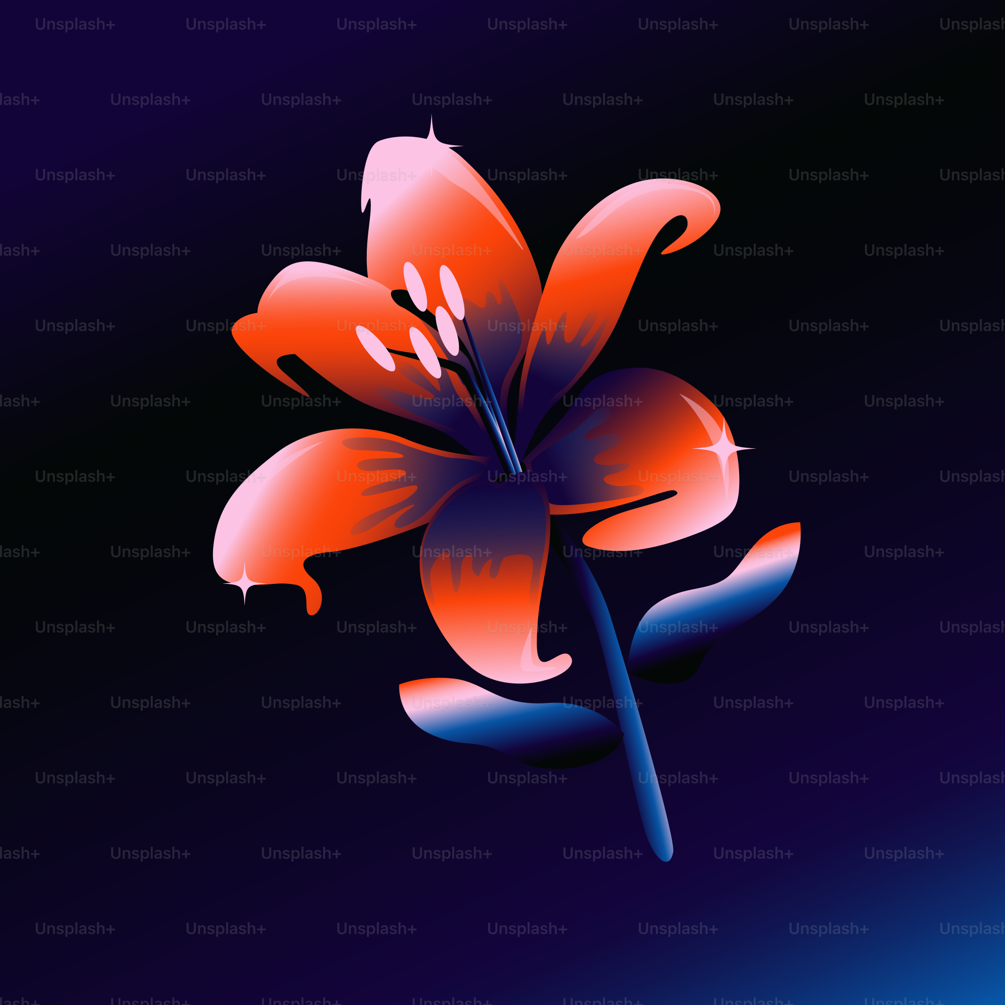 A red flower on a blue and purple background