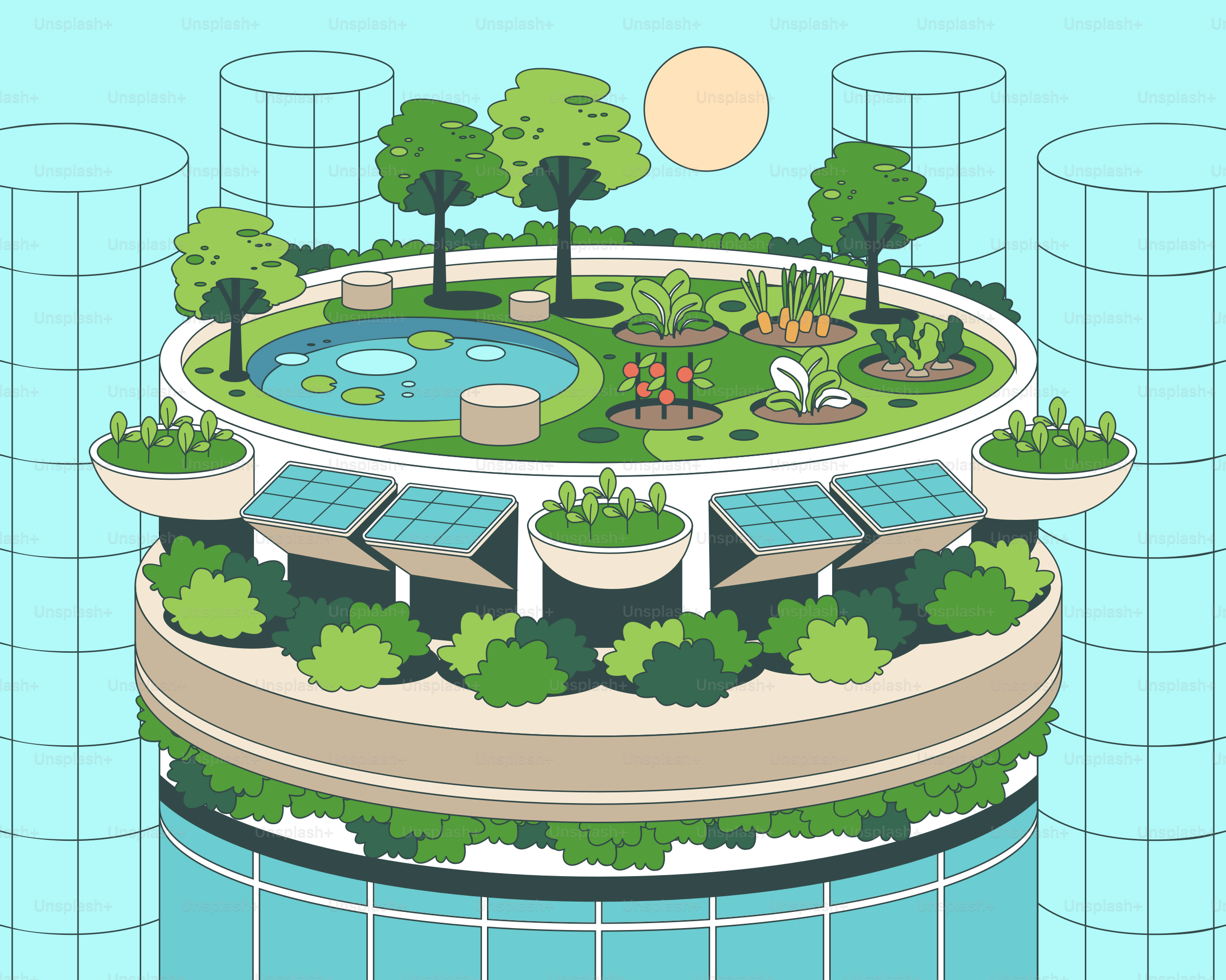 Un bâtiment avec beaucoup d’arbres au sommet