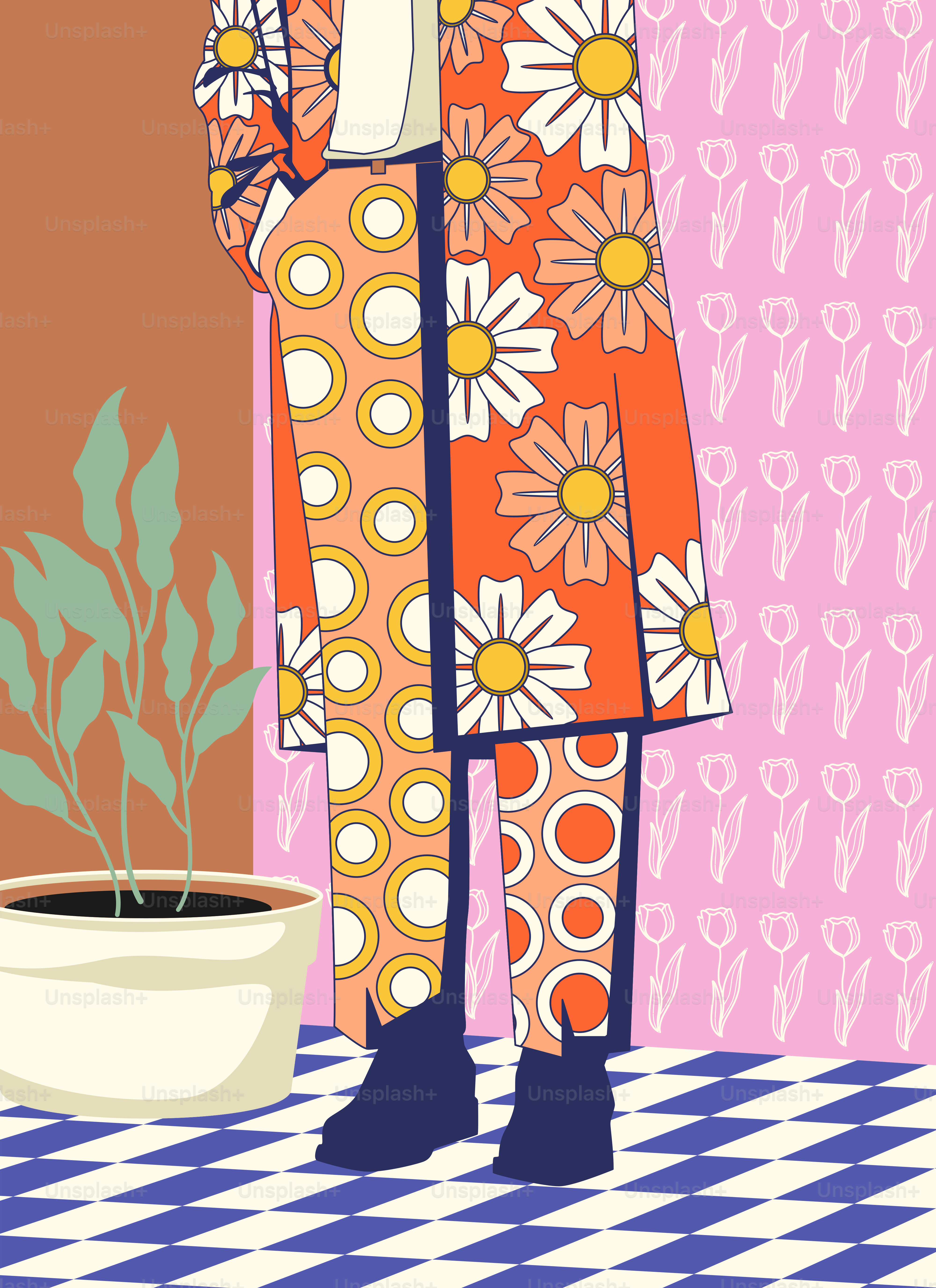 A woman standing in front of a potted plant