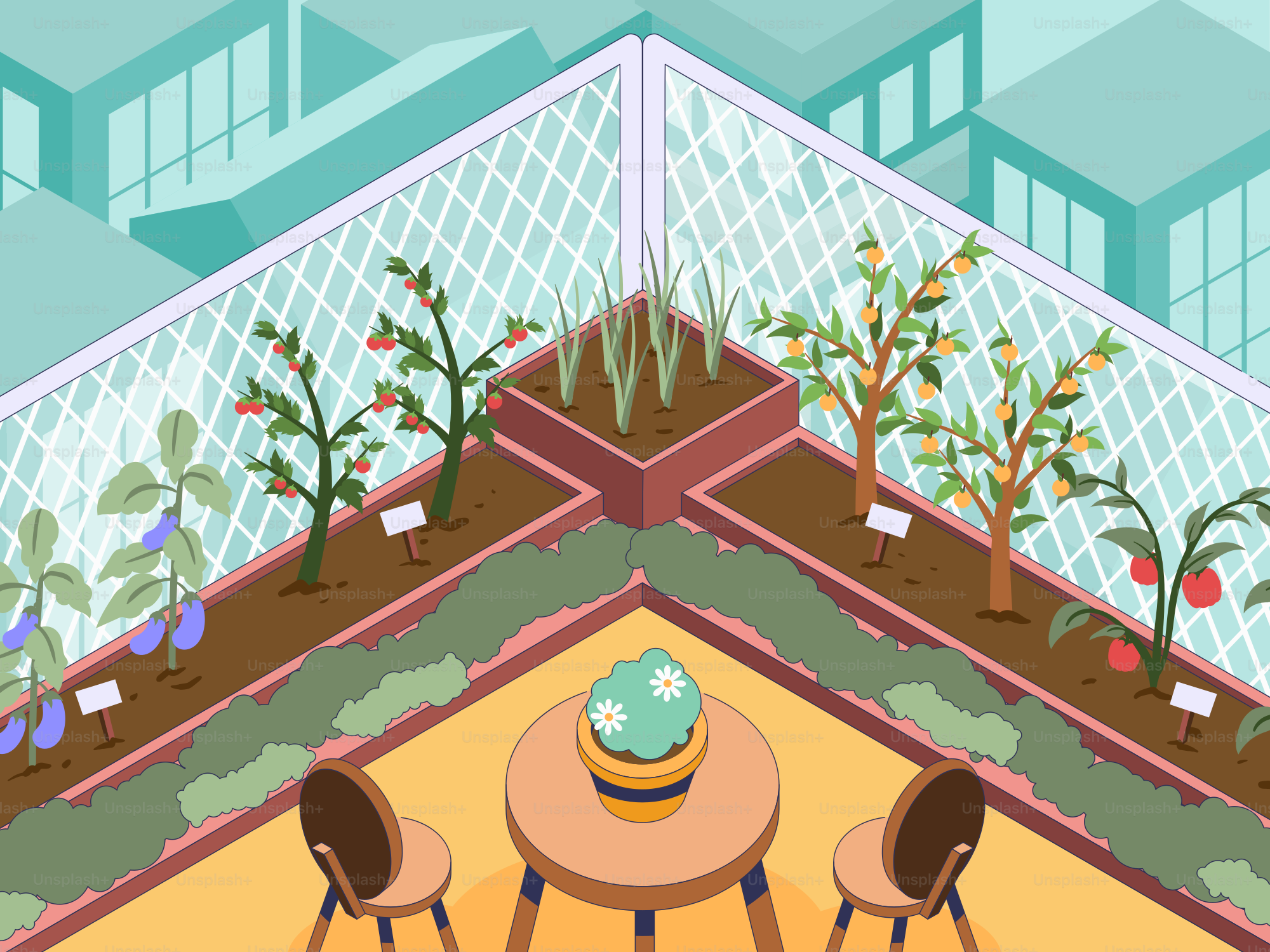 A room with a table, chairs, and potted plants