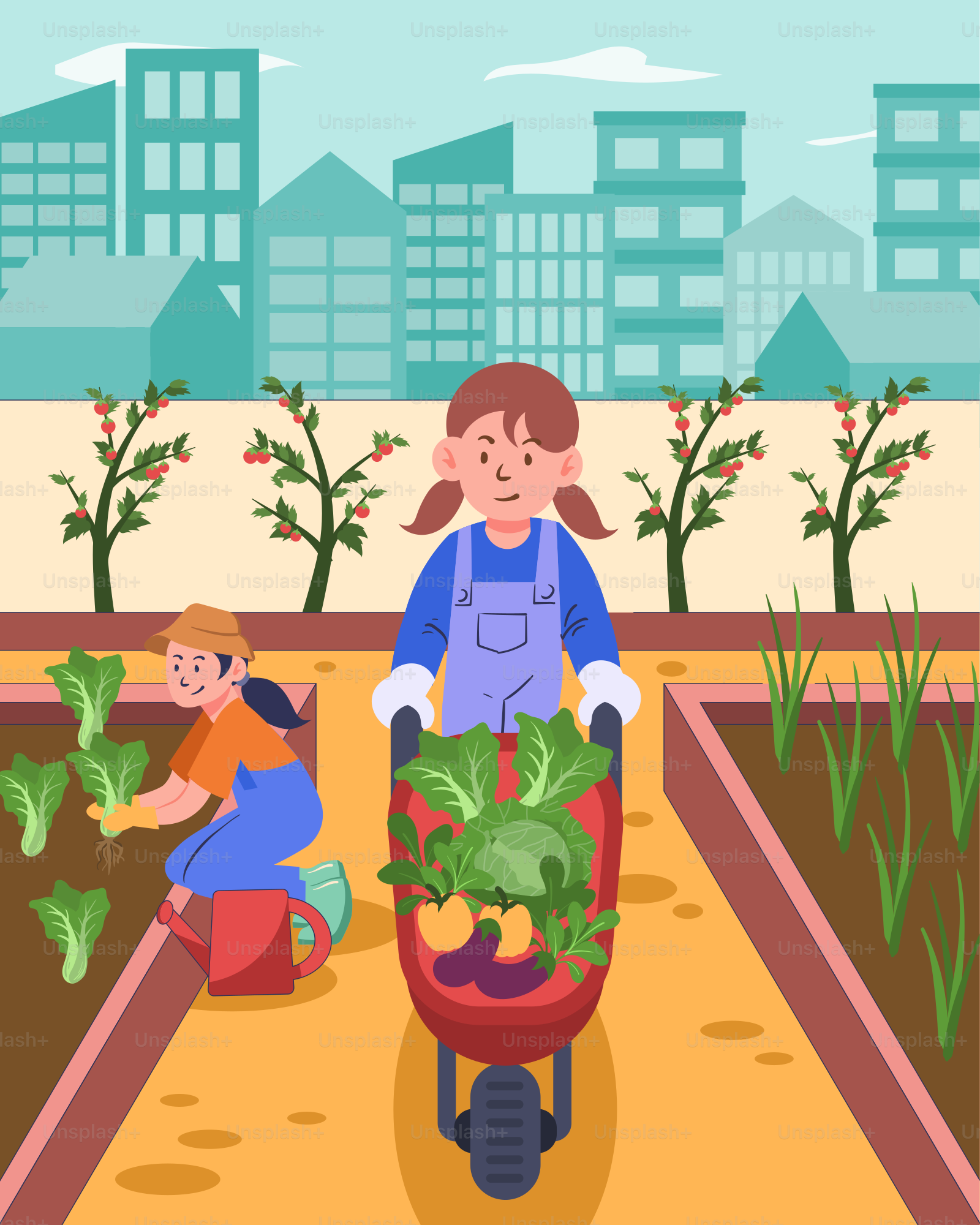 A woman pushing a wheelbarrow full of vegetables