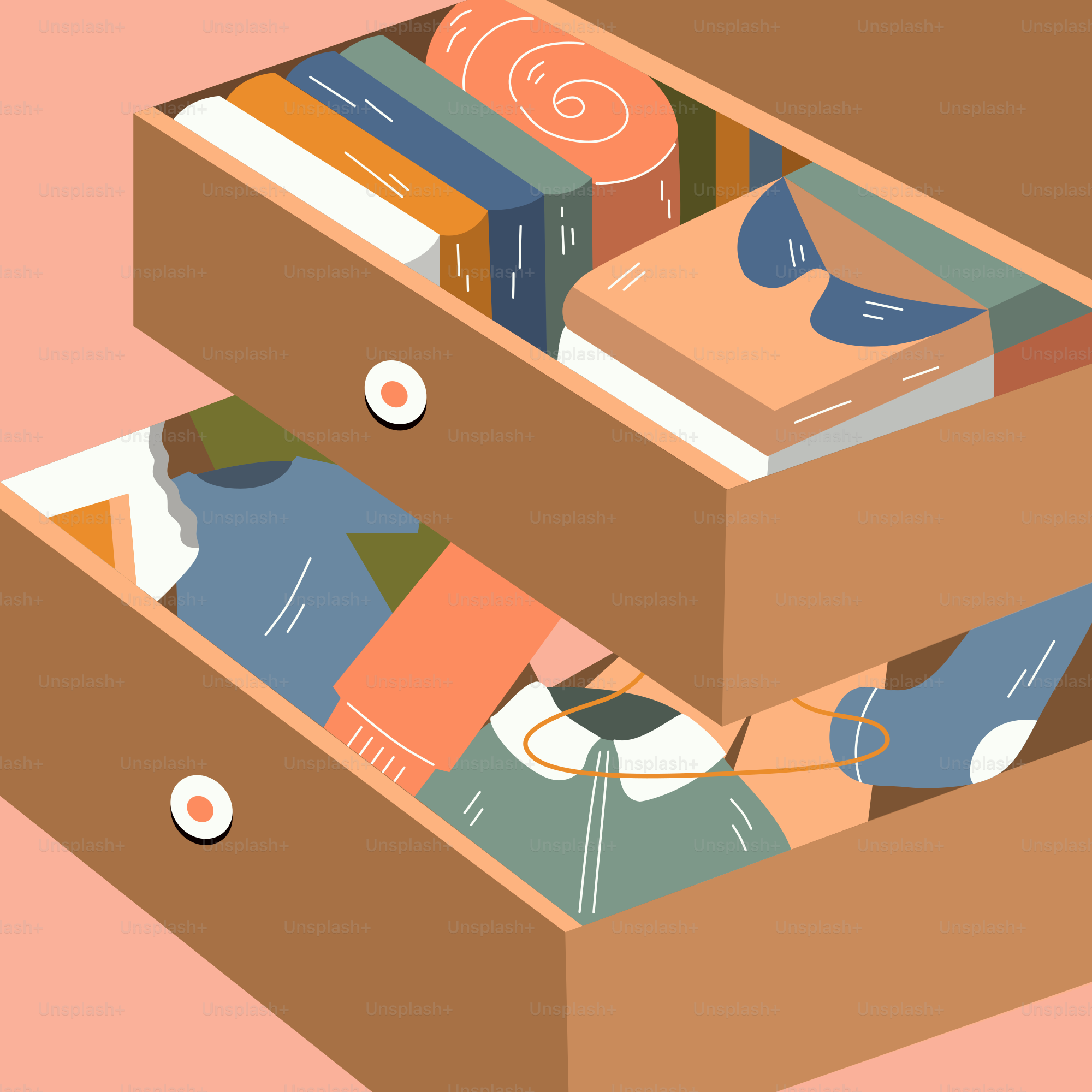 A pair of open boxes filled with clothes