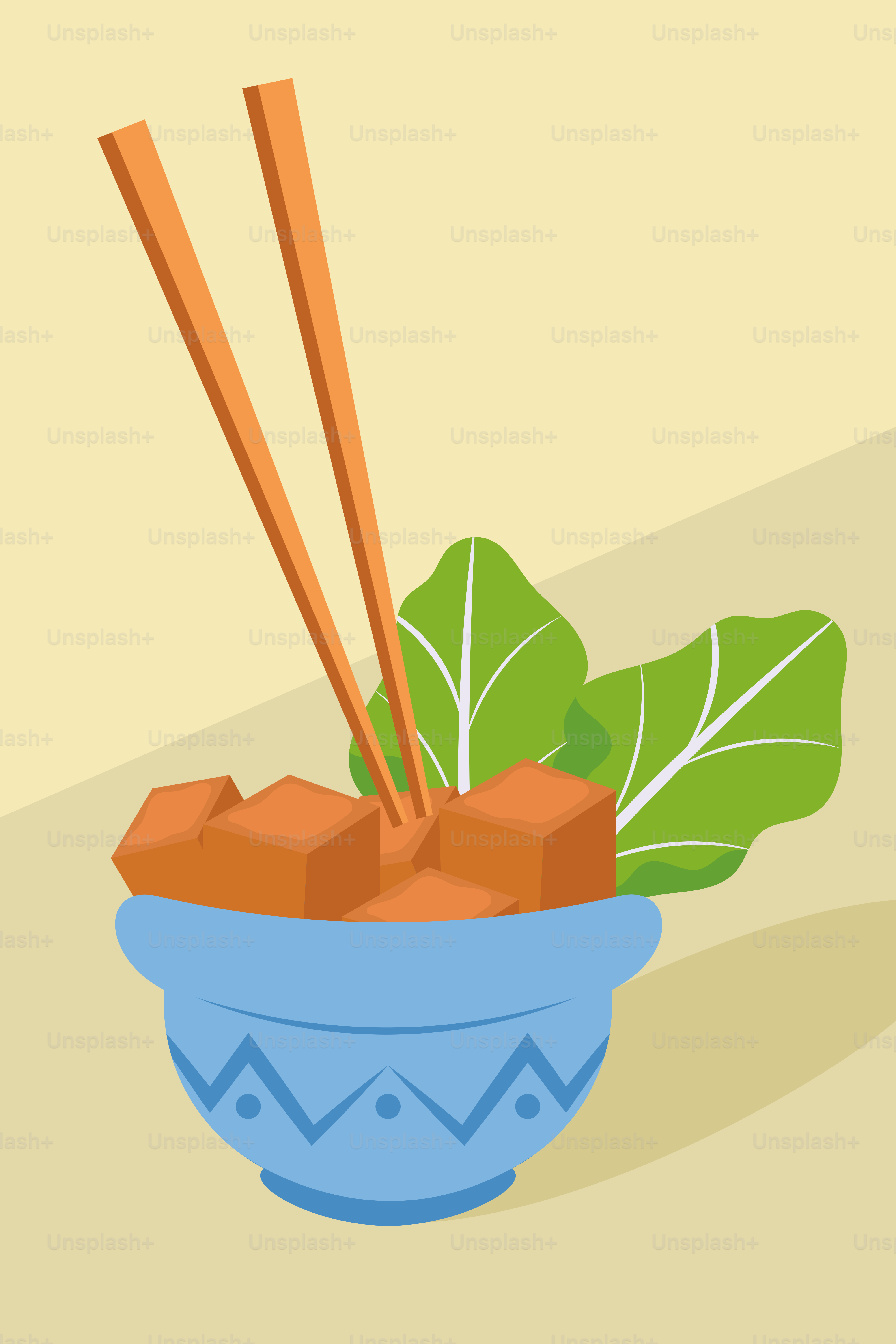 A blue bowl filled with chopsticks and vegetables