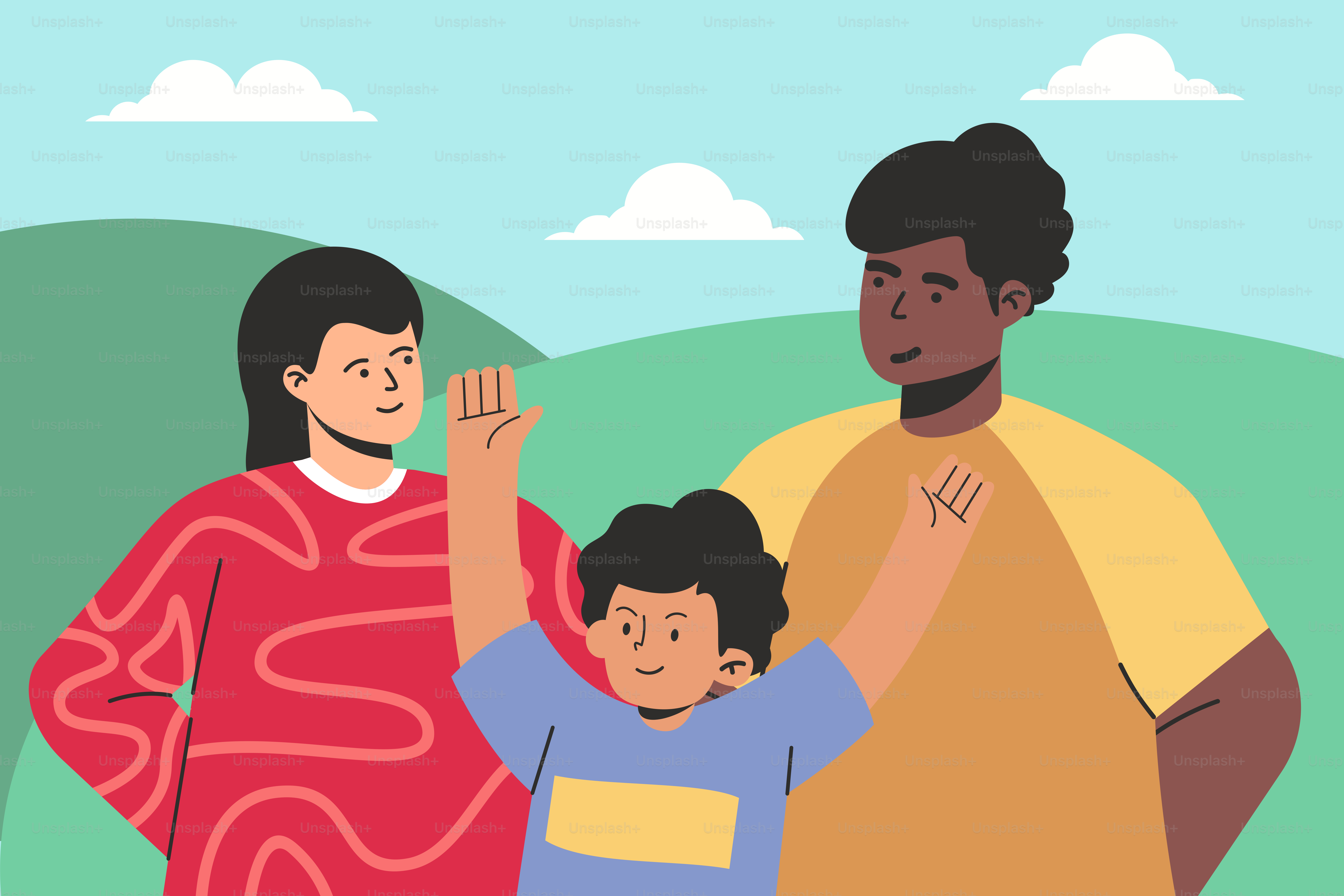 Un hombre, una mujer y un niño de pie en un campo