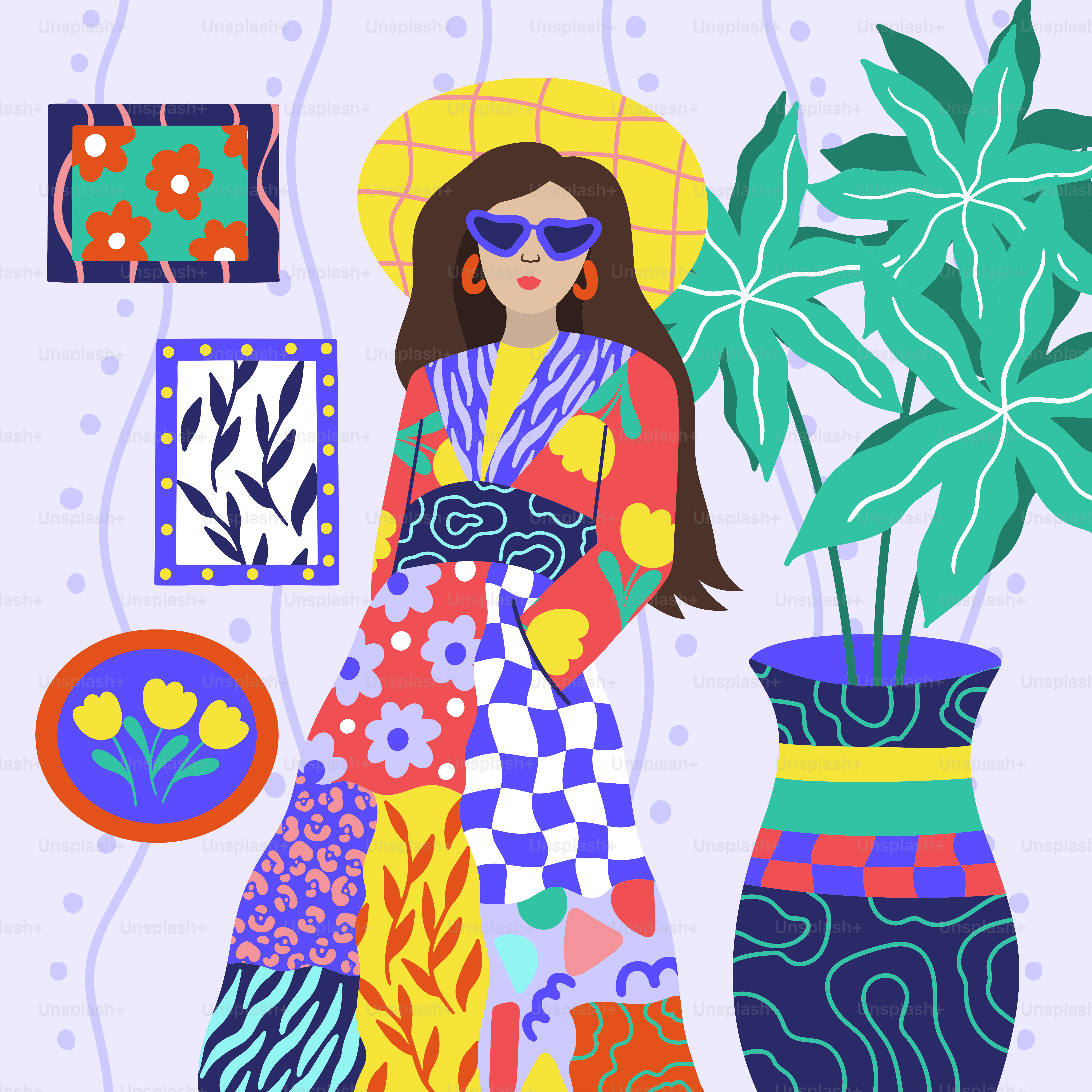 A woman standing next to a vase with a plant in it