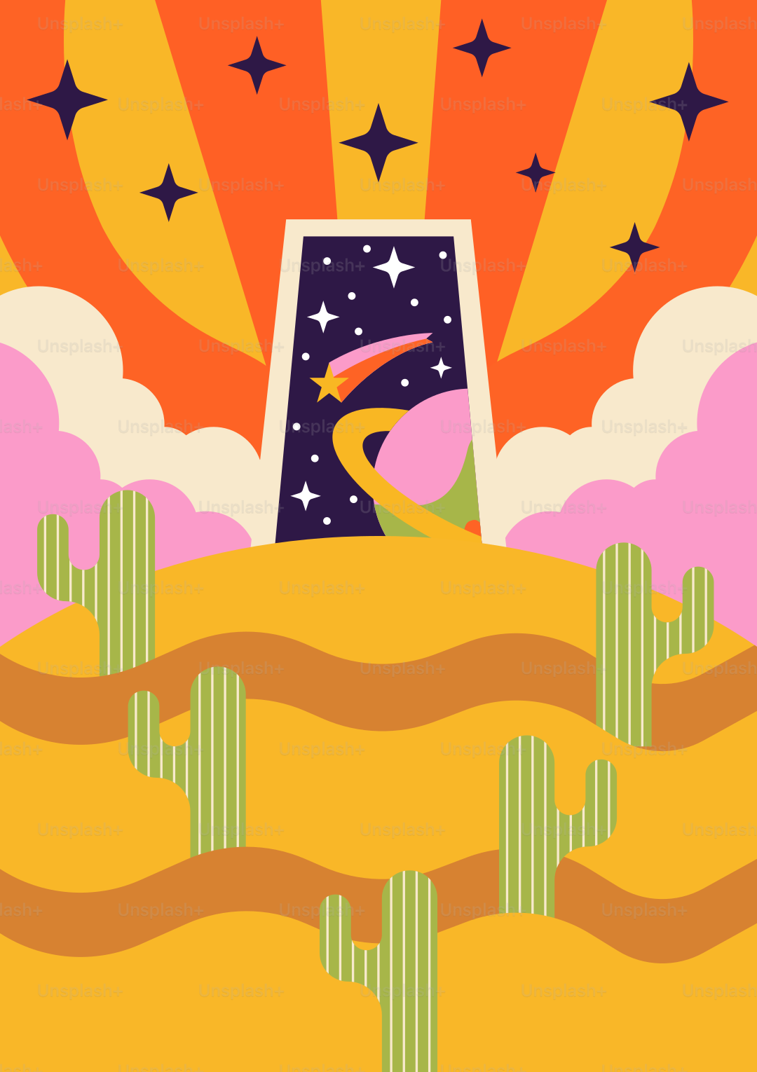 A desert scene with cactus trees and stars