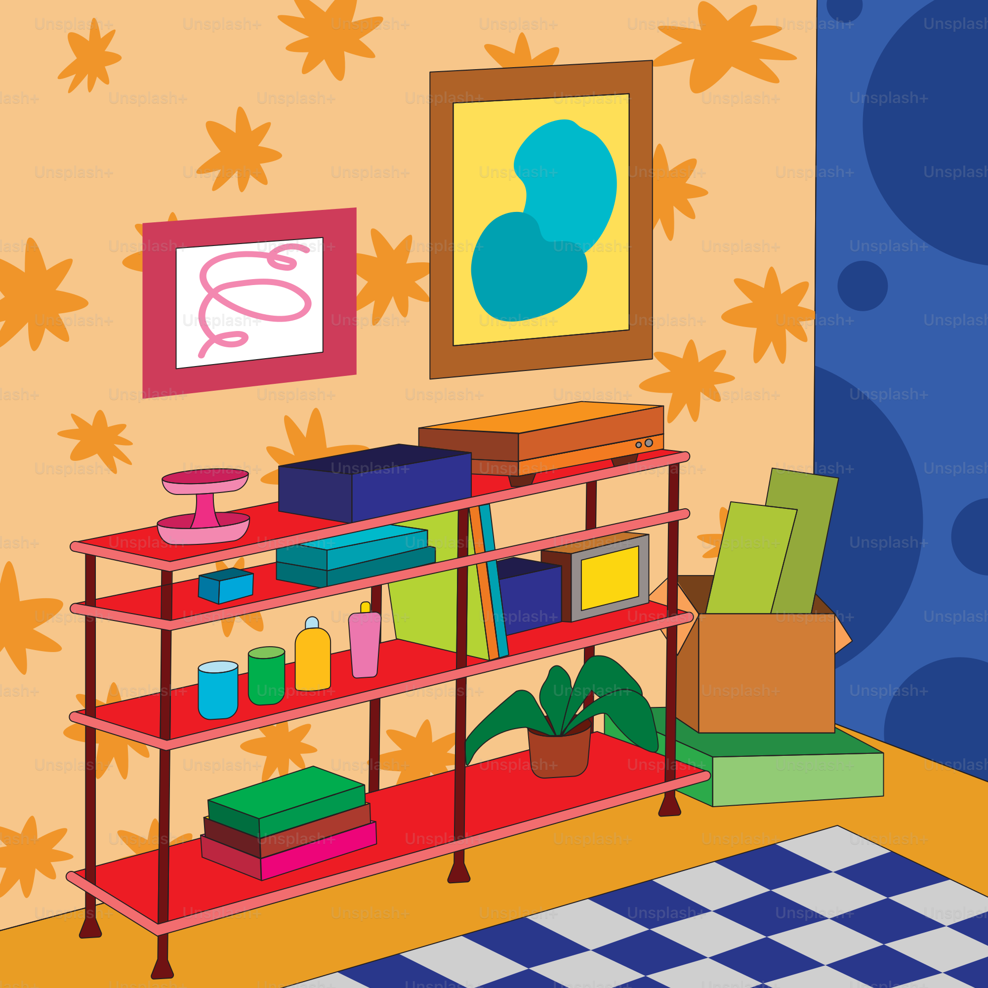 A room with a book shelf and a painting on the wall