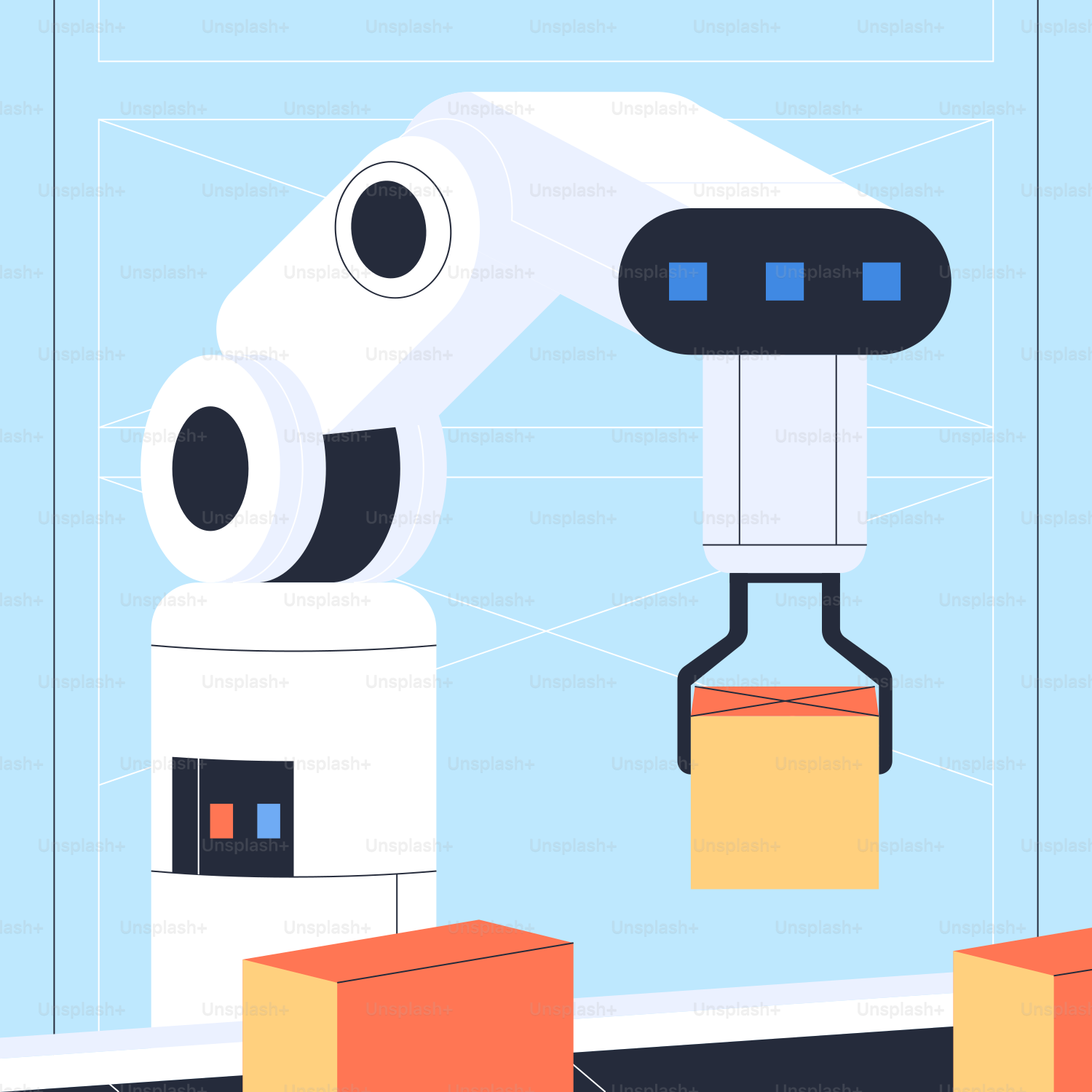 Un robot sosteniendo una caja frente a otro robot