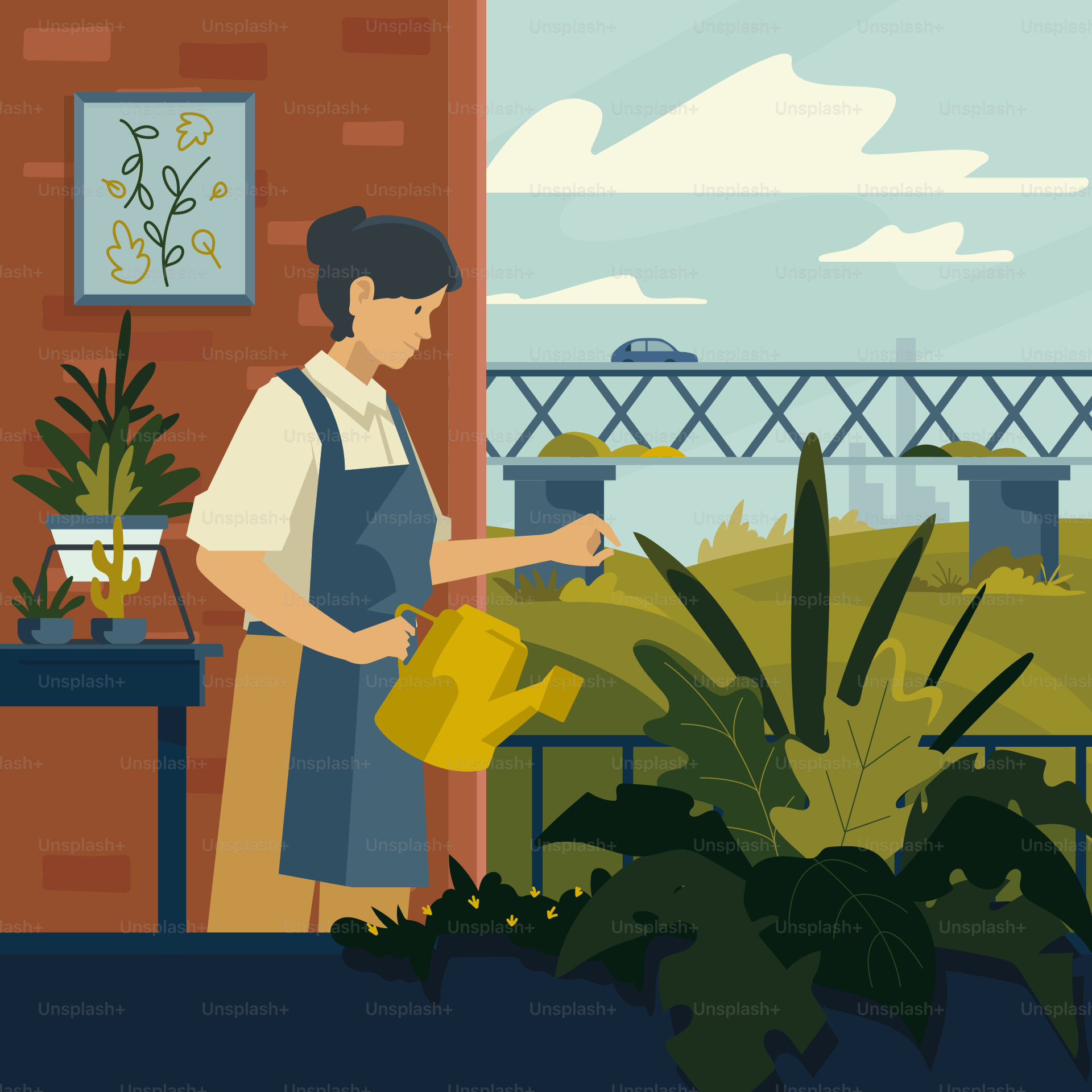 A woman watering plants in a greenhouse