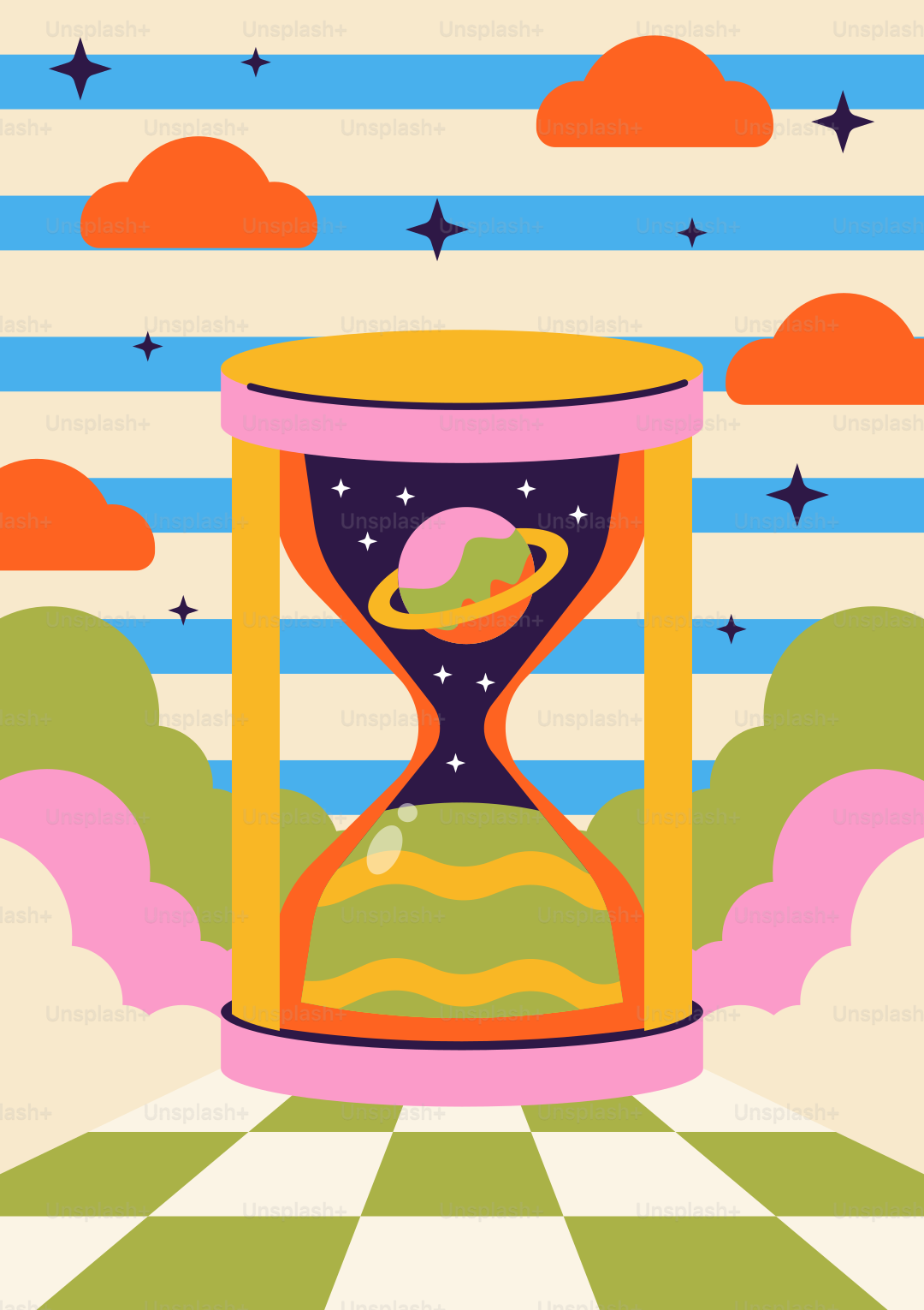 Eine Illustration einer Sanduhr auf einem karierten Boden