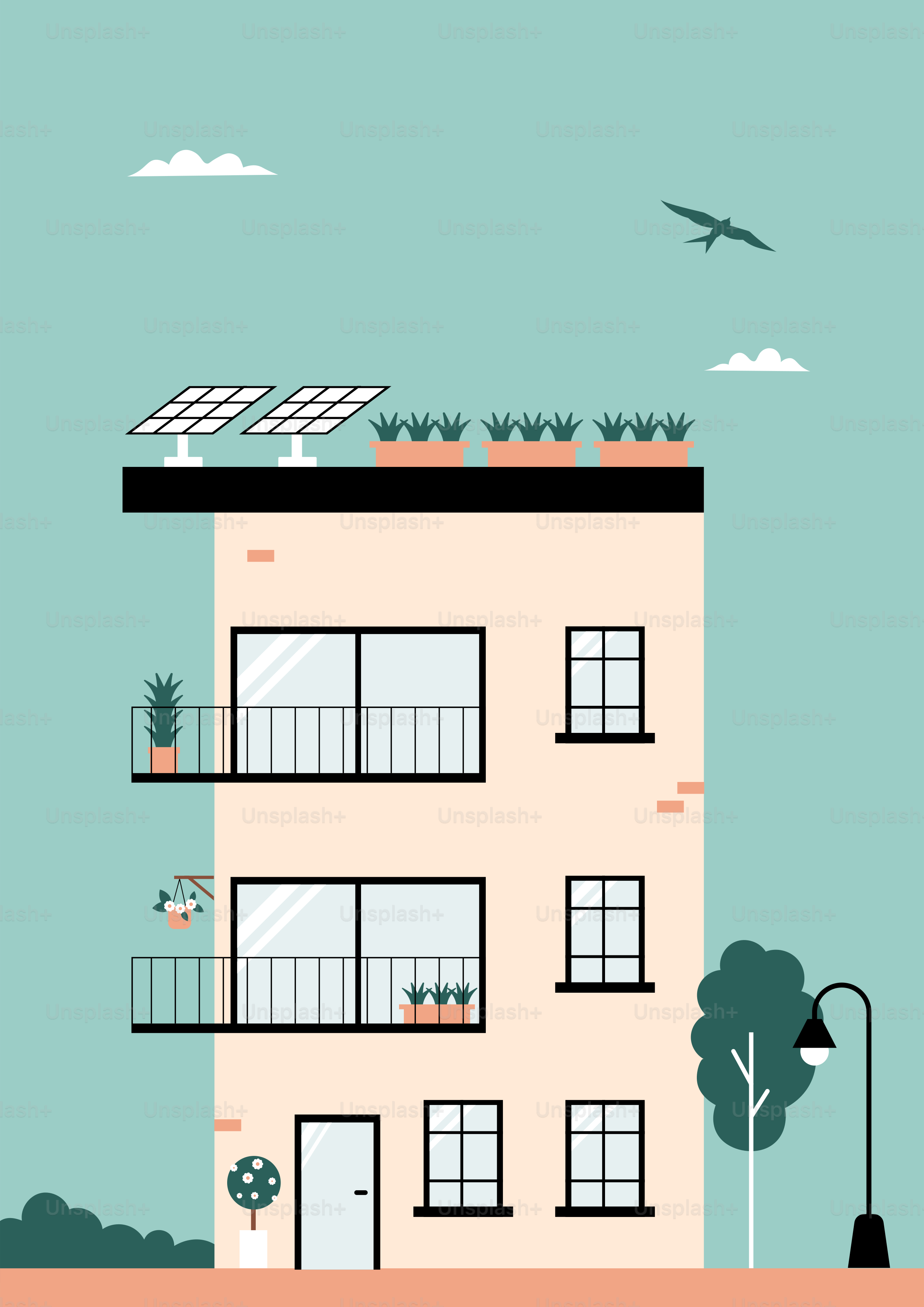 A building with a bird flying over it