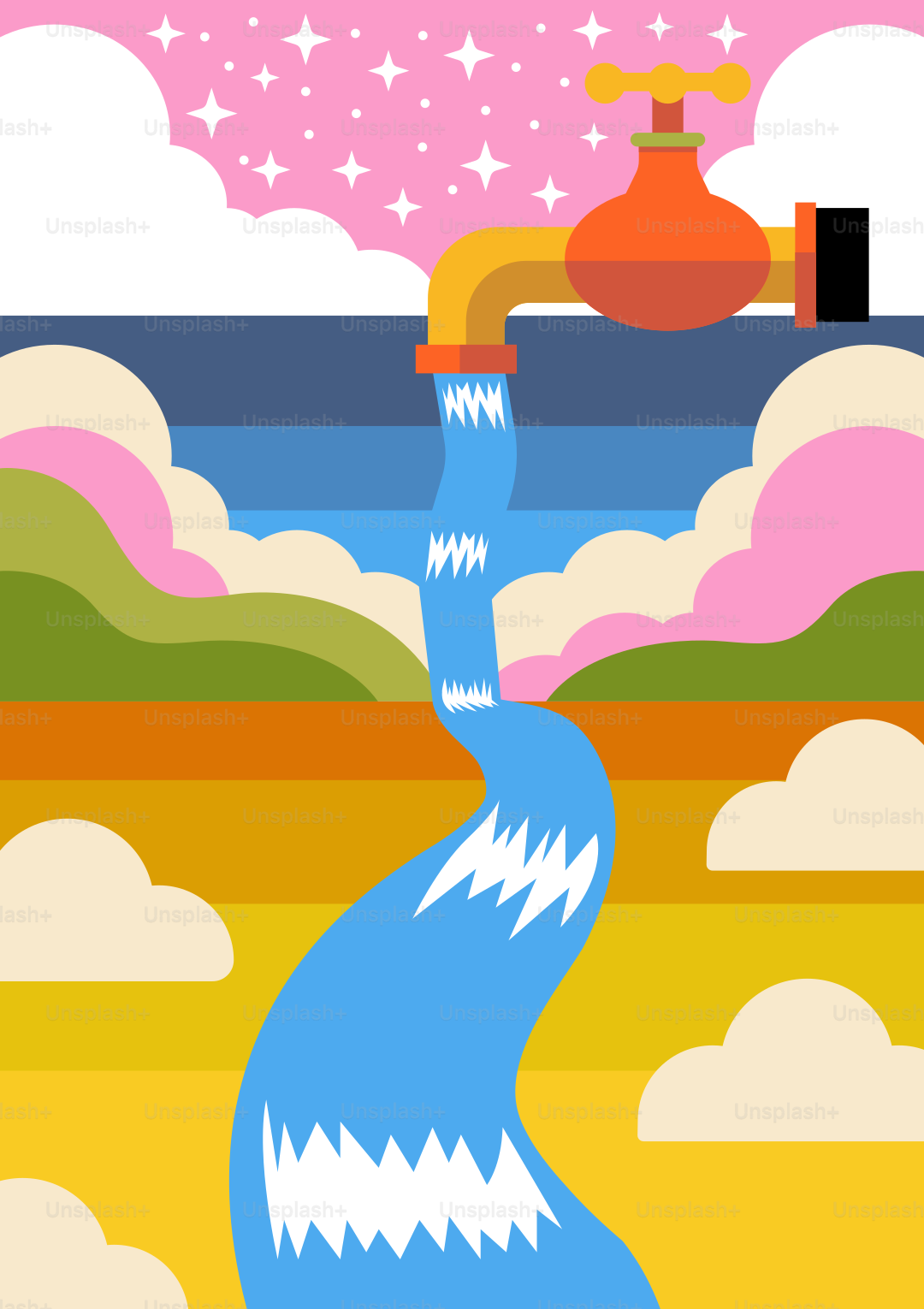 A painting of a blue fire hydrant in the sky