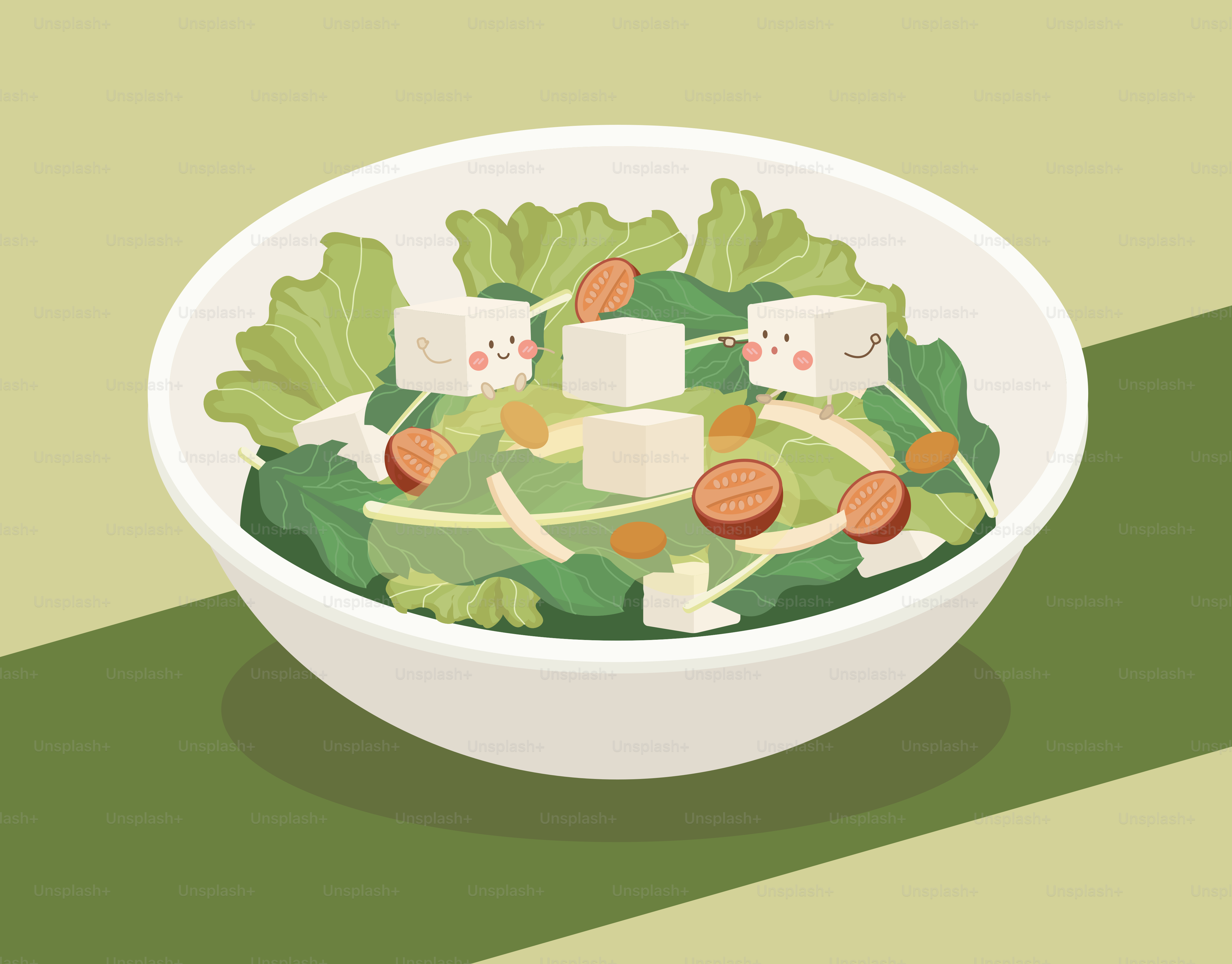 Eine weiße Schüssel mit Essen auf einem grünen Tisch auf einem grünen Tisch