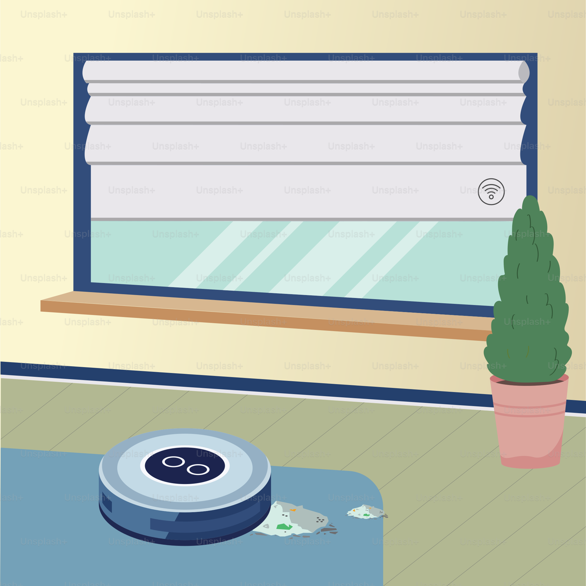 A room with a window, a potted plant and a remote control