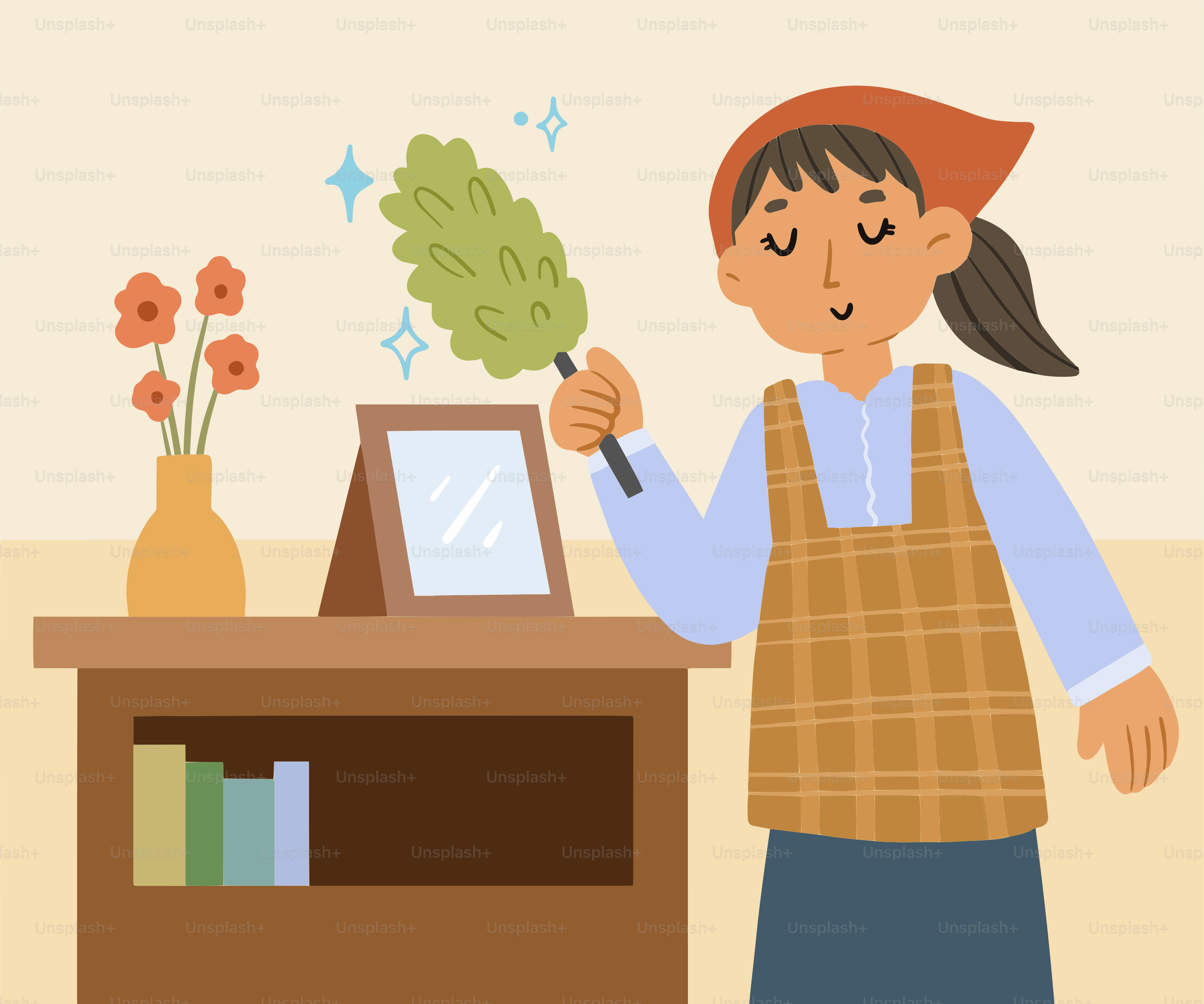 A woman standing in front of a desk holding a knife