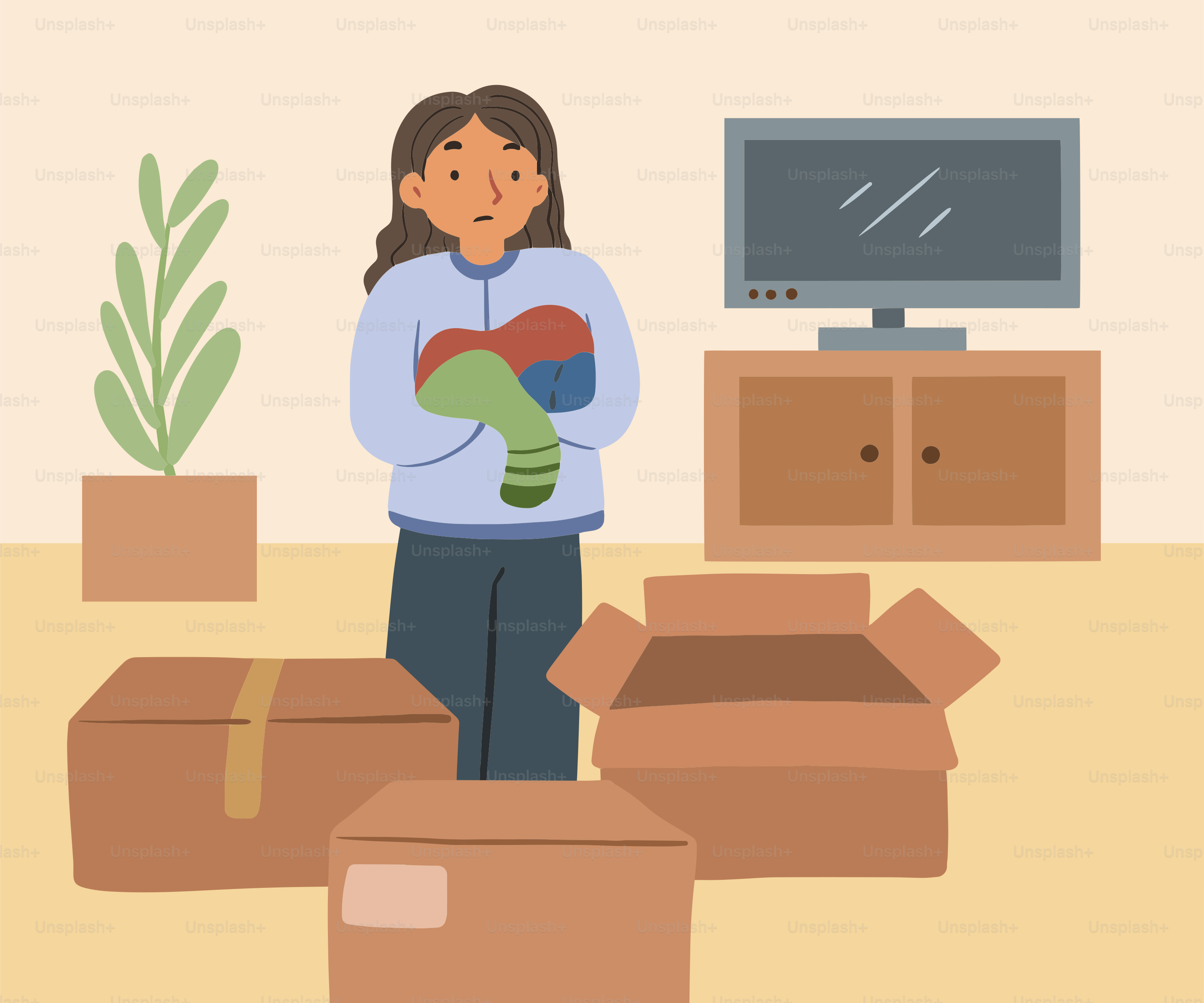 A woman standing in a room with boxes and a television