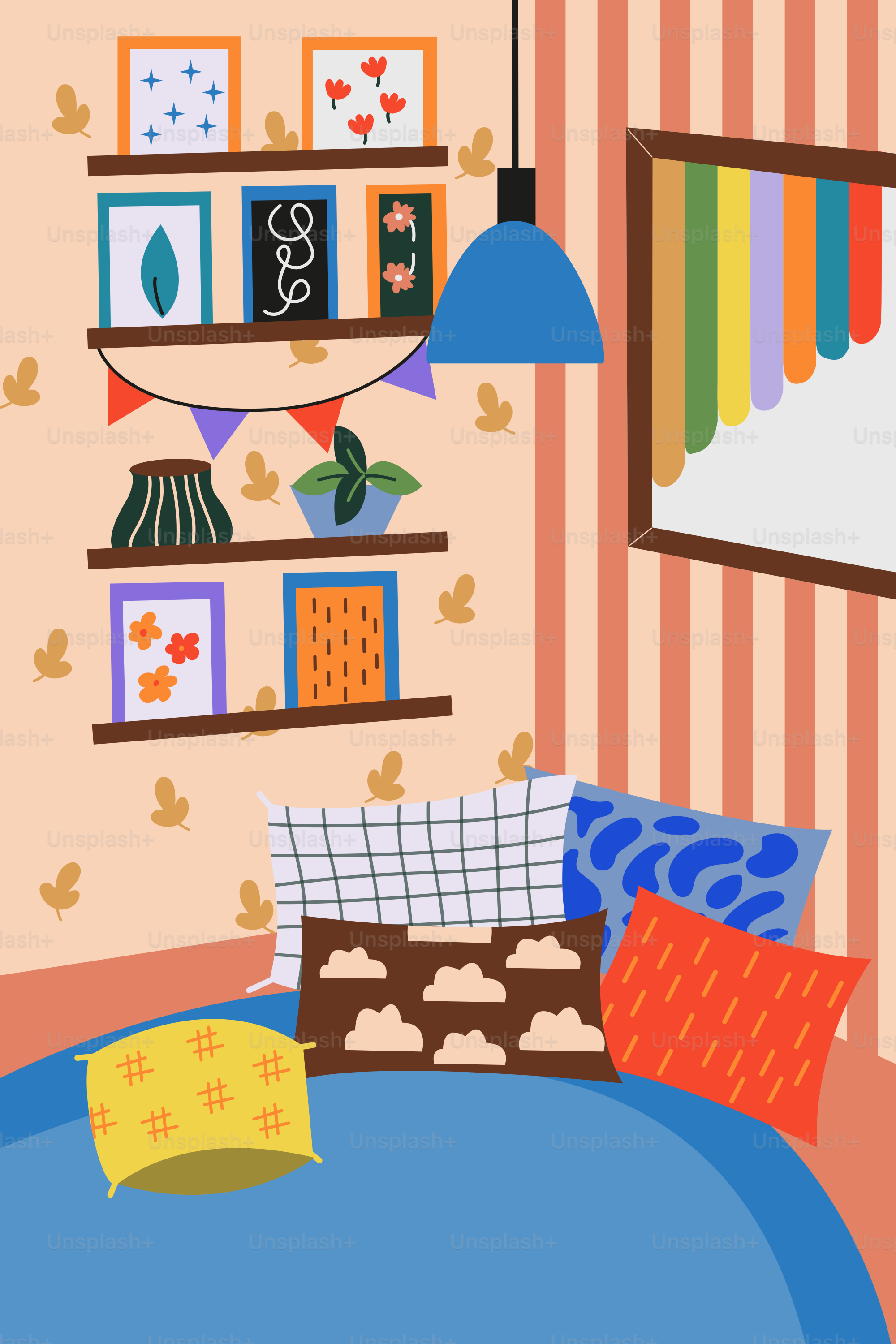 A bed room with a neatly made bed and a hanging shelf