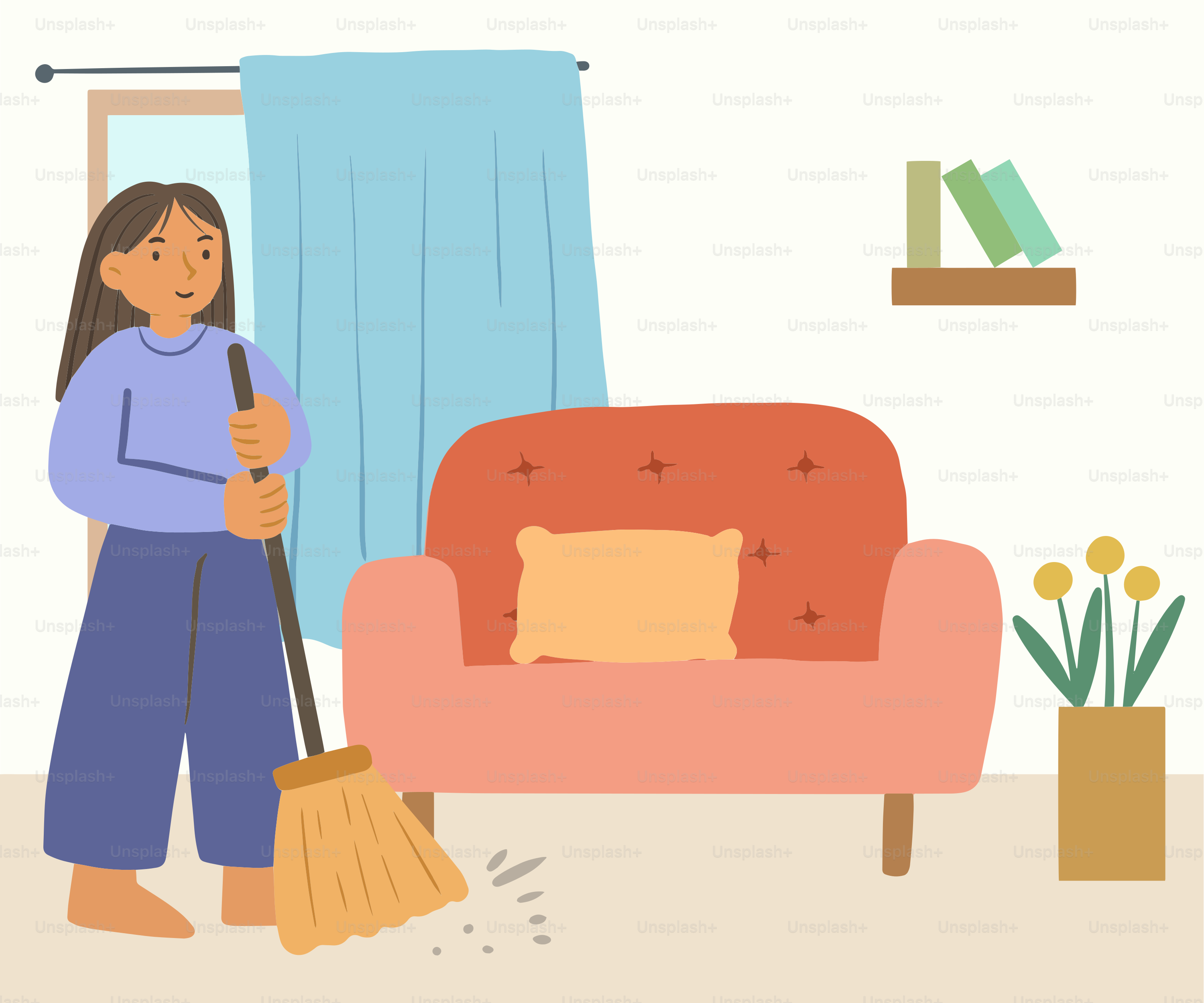 A woman is cleaning a living room with a broom